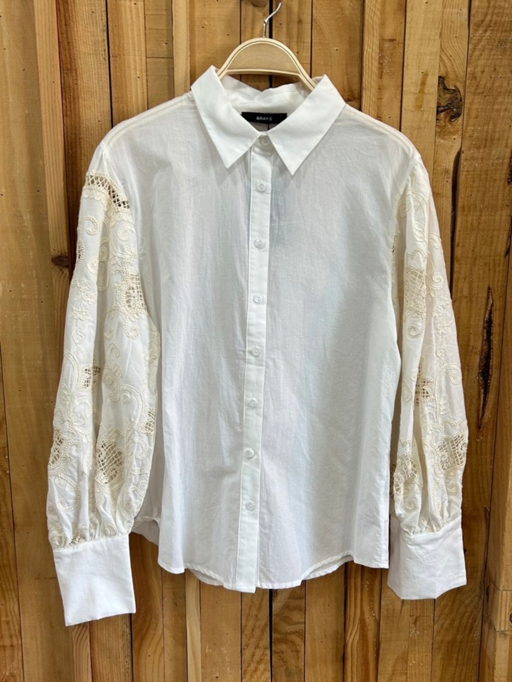 Camisa Manga Abullonada Bordados - Crema