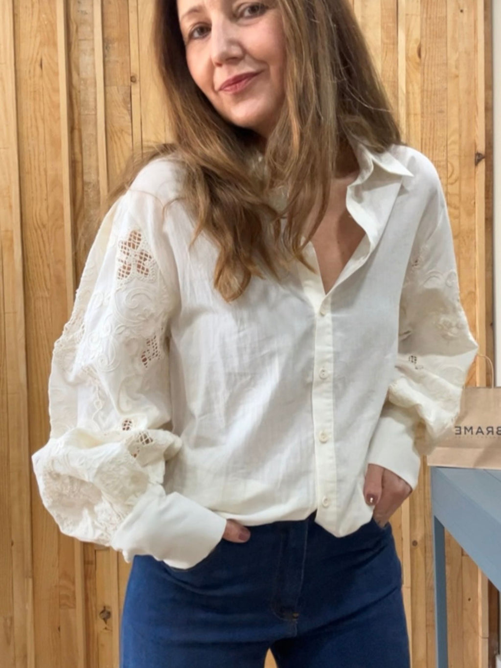 Camisa Manga Abullonada Bordados - Crema