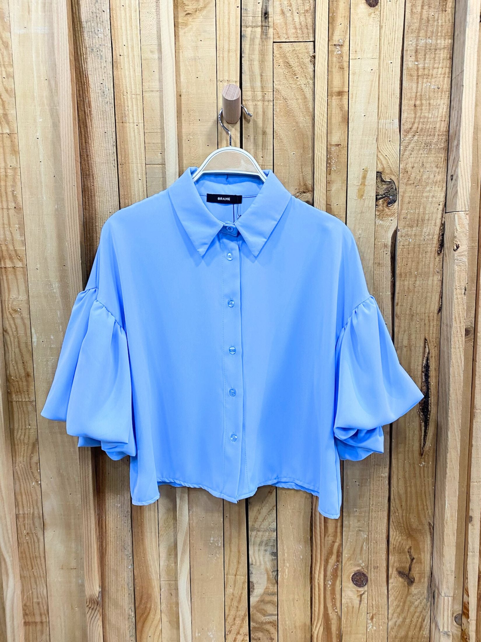 Camisa corta fluida manga abullonada - Azul