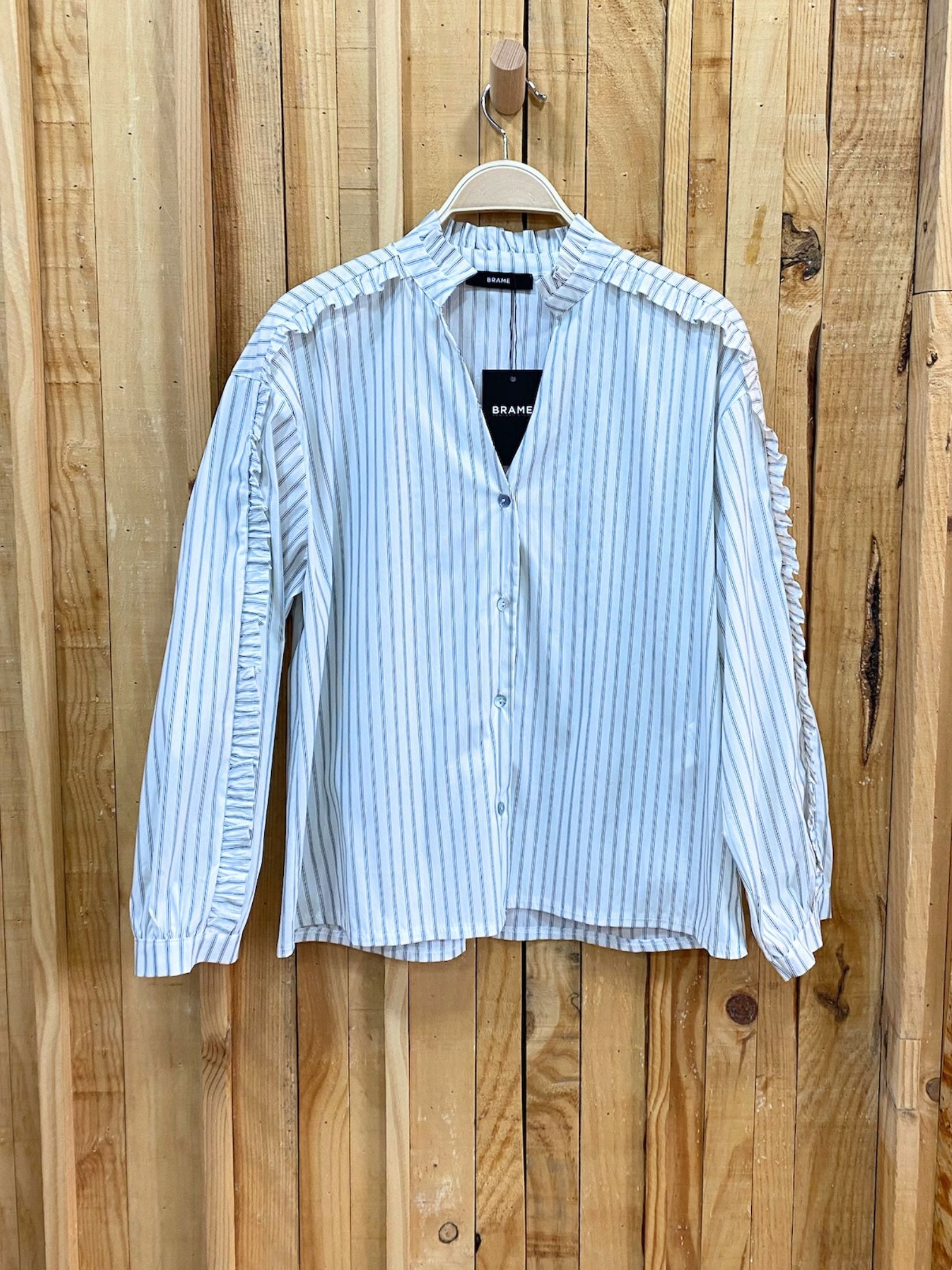 Camisa Rayas Pico Volante Lateral - Blanca