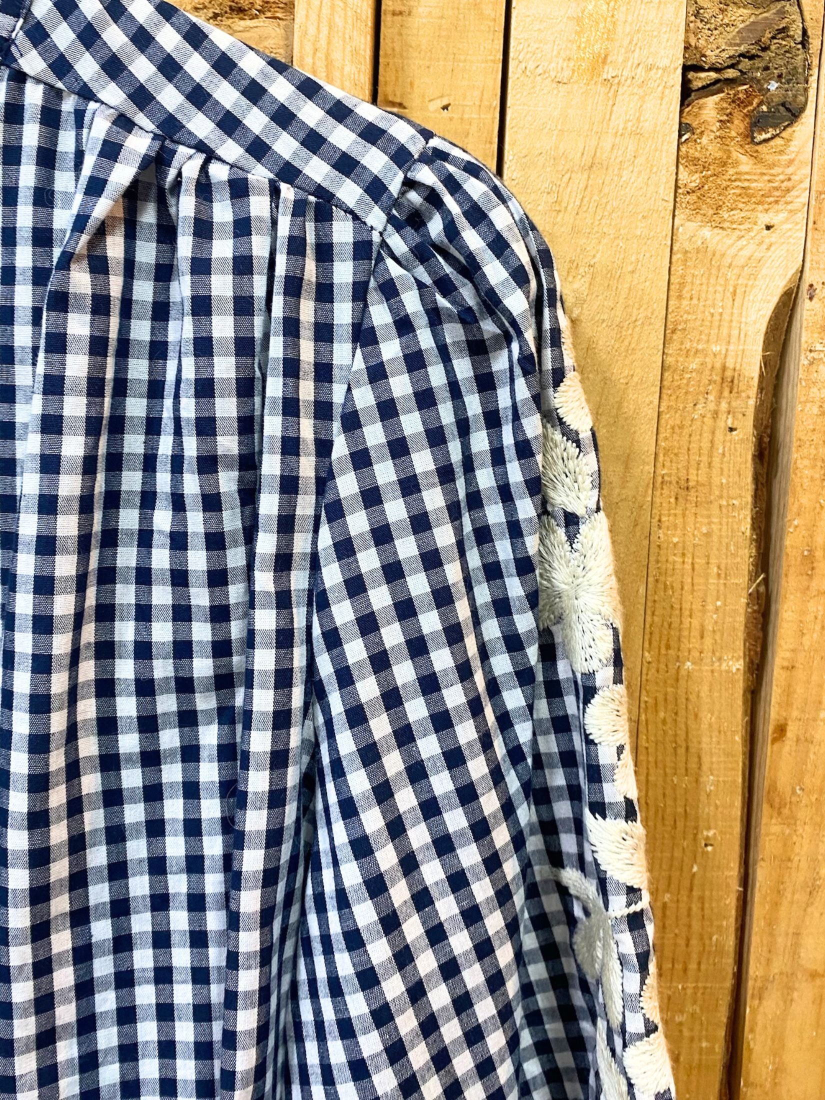 Camisa Vichy Mangas Bordada - Azul