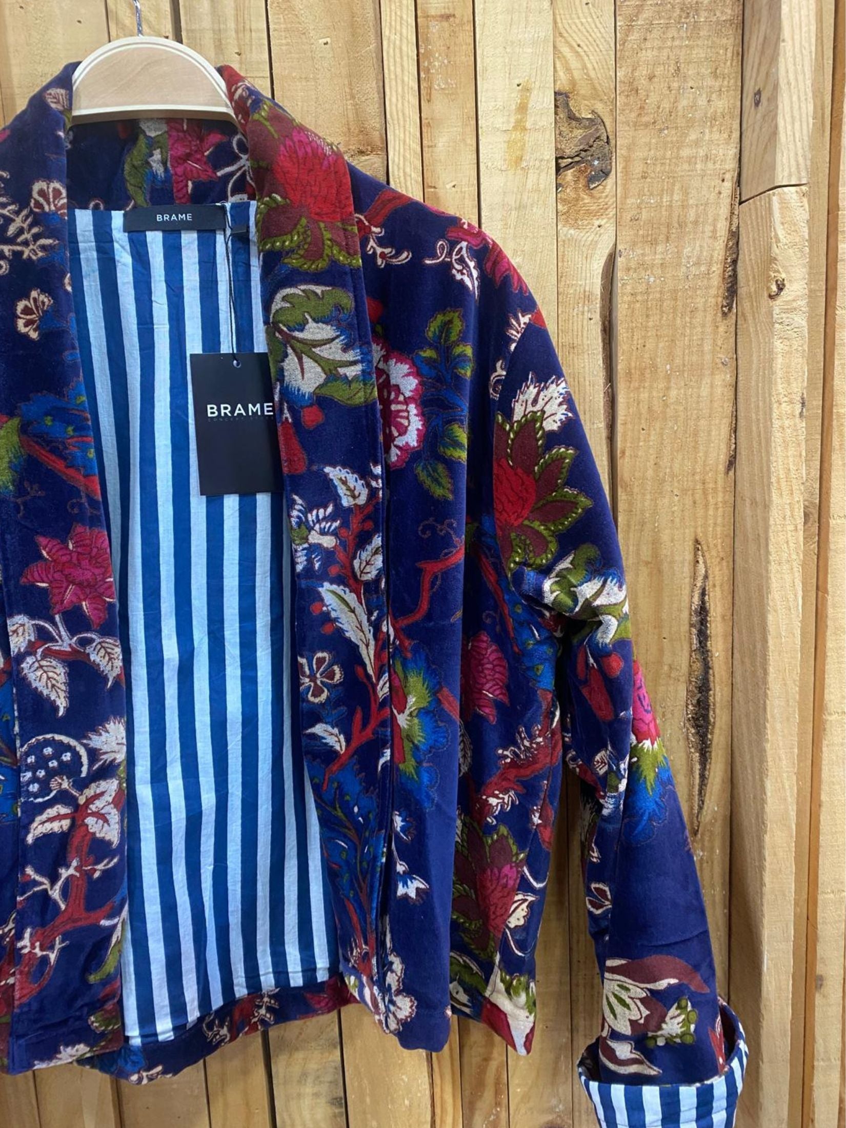 Chaqueta Corta Terciopelo Estampado Flores - Azul Marino