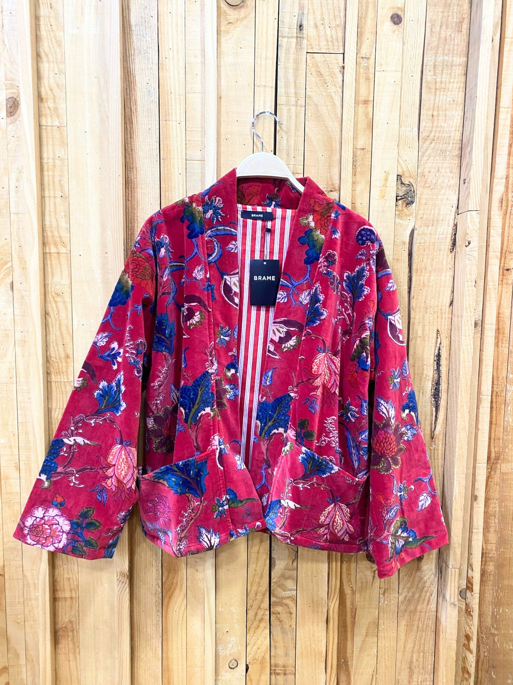 Chaqueta Kimono Terciopelo Estampado Flores - Rojo