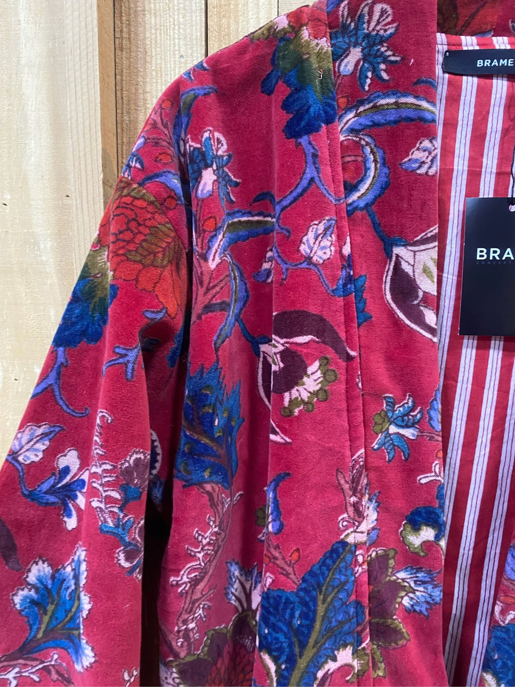 Chaqueta Kimono Terciopelo Estampado Flores - Rojo
