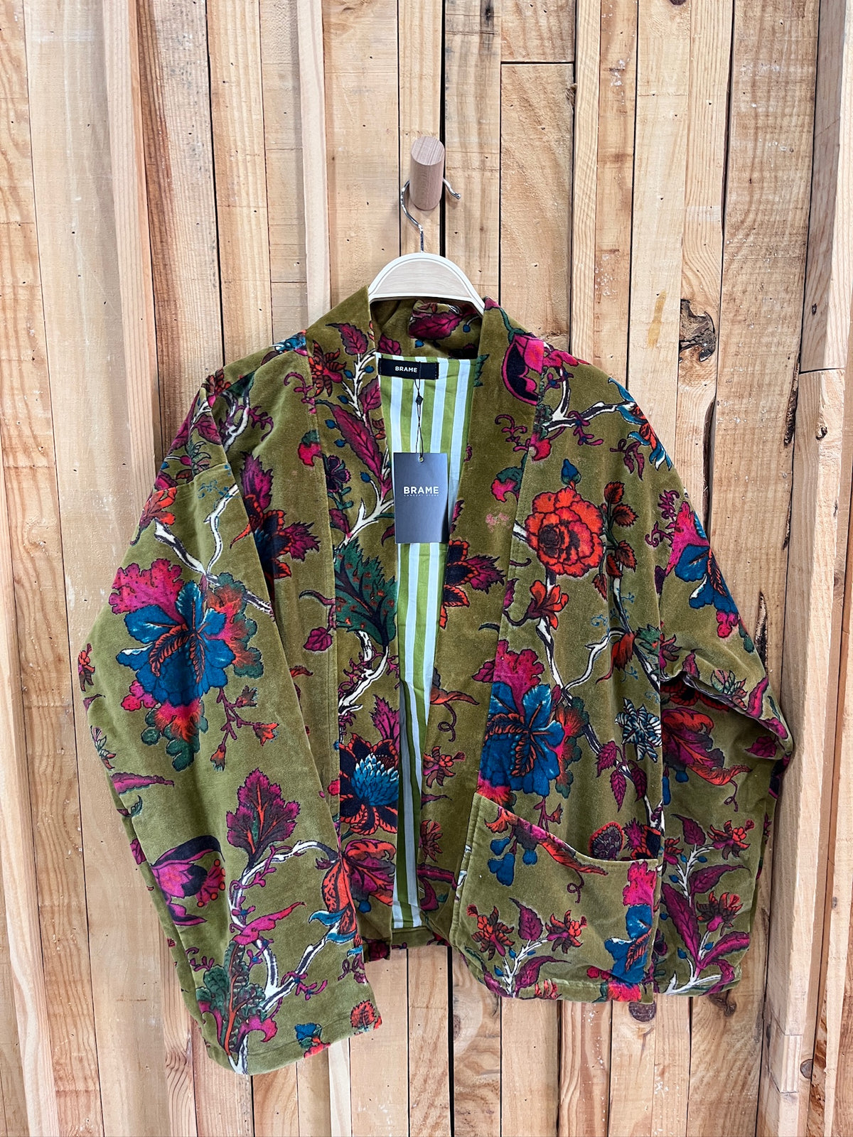 Chaqueta Kimono Terciopelo Estampado Flores - Verde Musgo