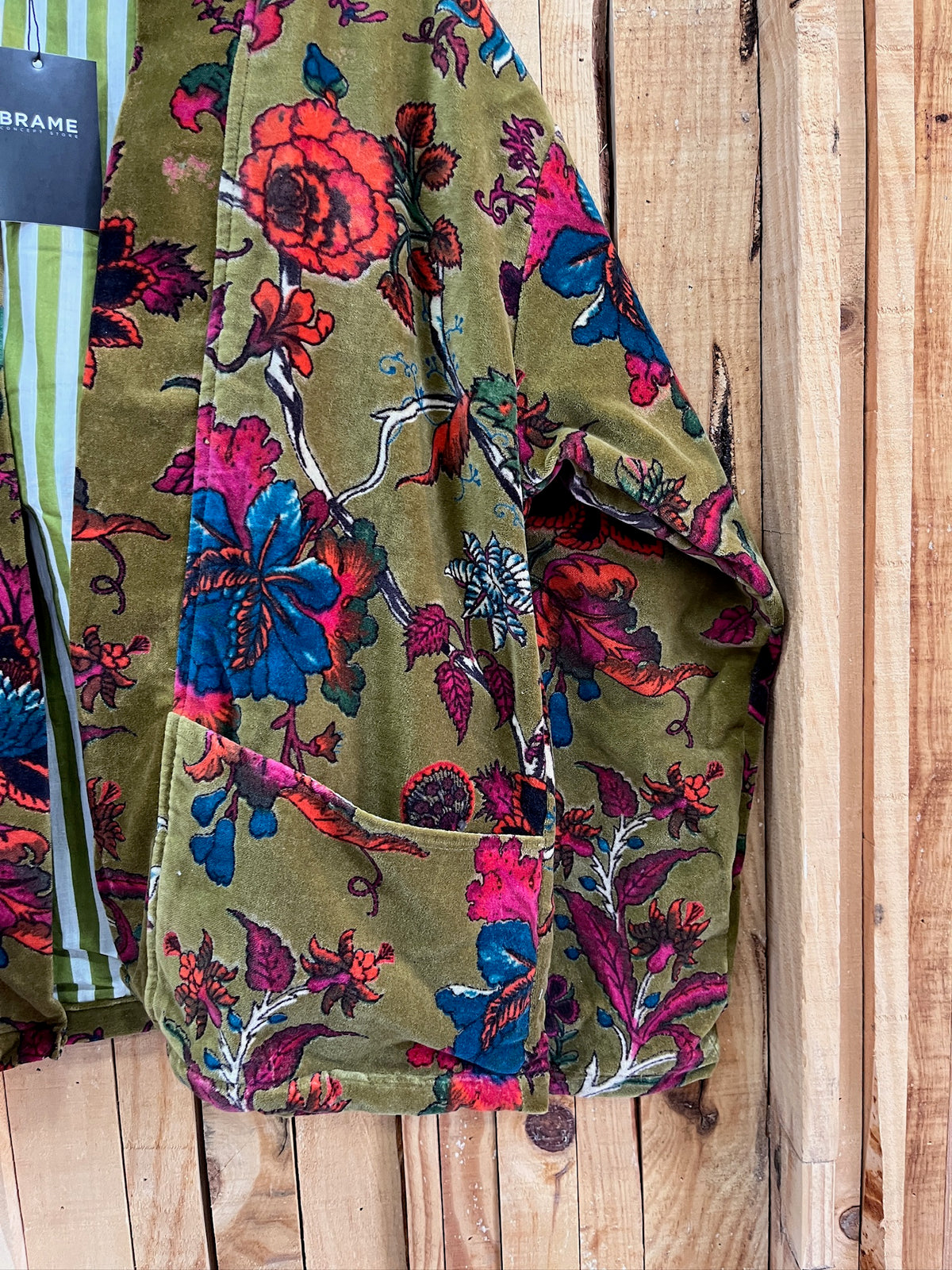 Chaqueta Kimono Terciopelo Estampado Flores - Verde Musgo