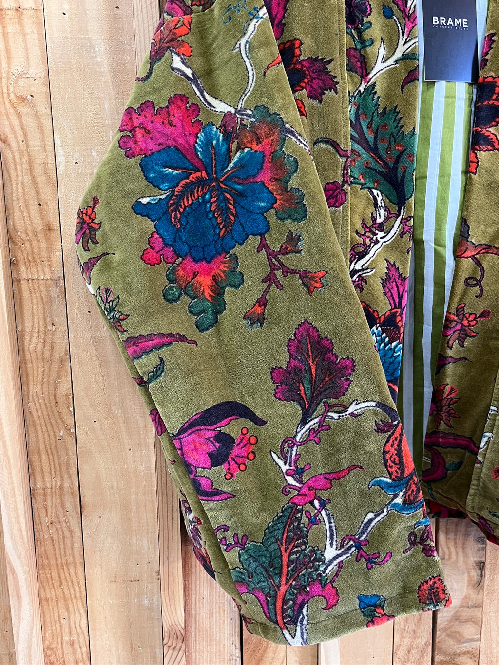 Chaqueta Kimono Terciopelo Estampado Flores - Verde Musgo