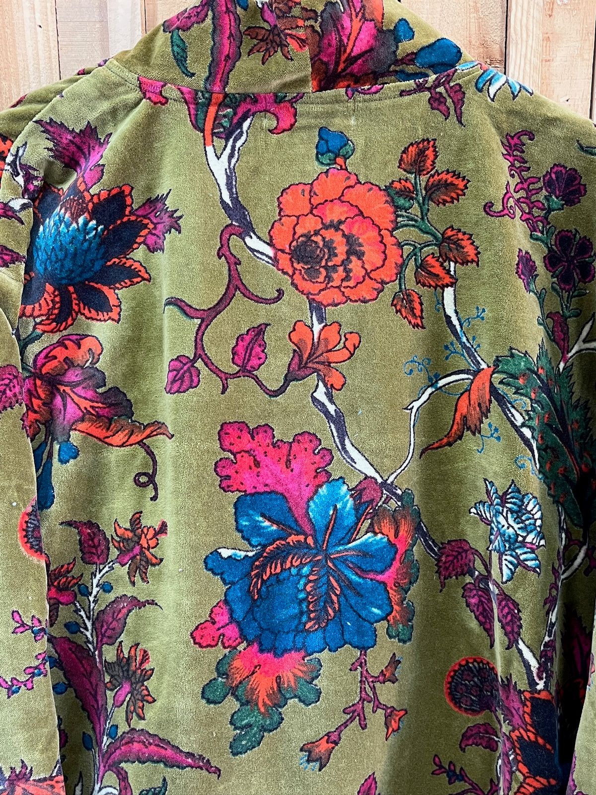 Chaqueta Kimono Terciopelo Estampado Flores - Verde Musgo