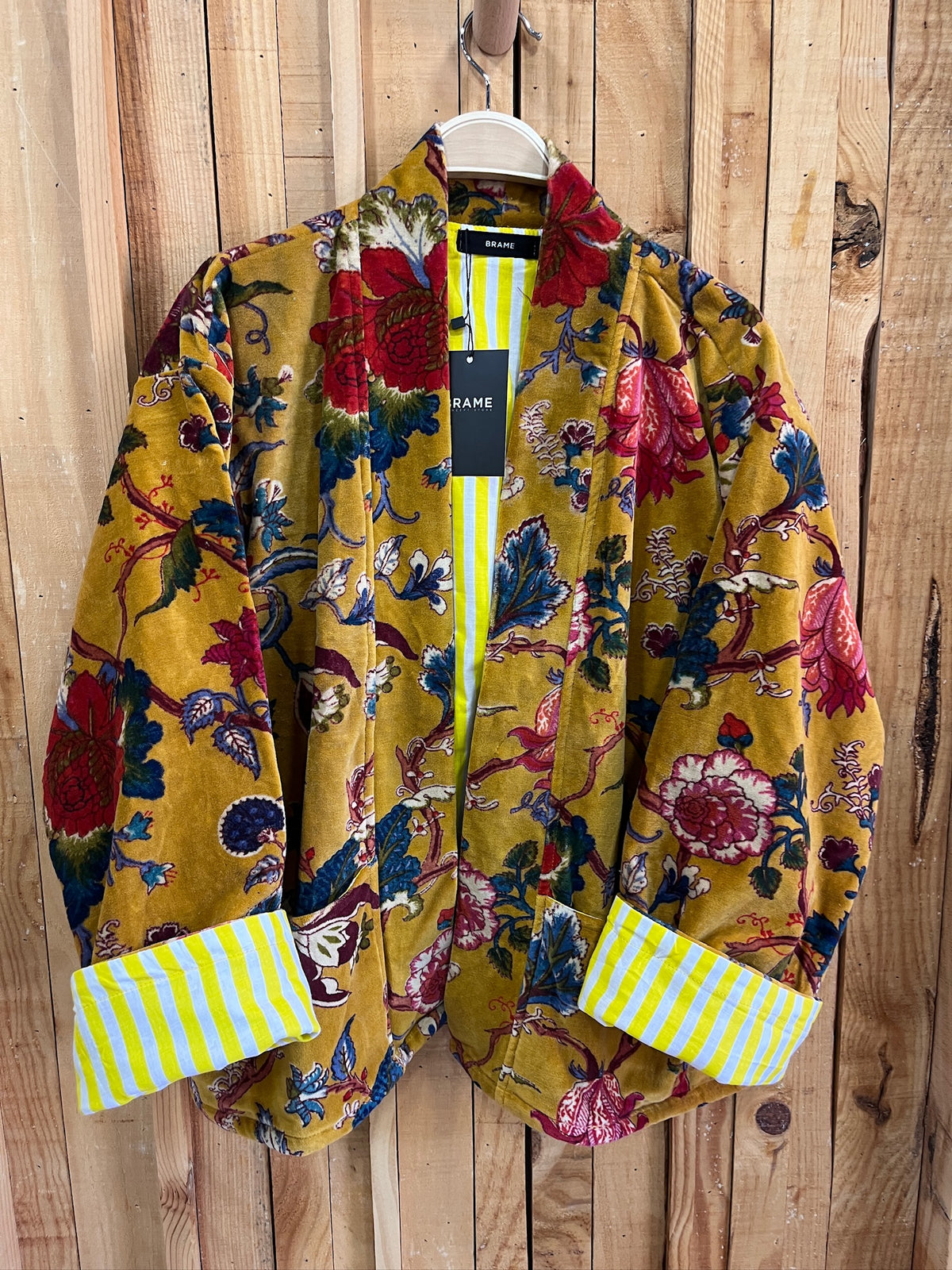 Chaqueta Kimono Terciopelo Estampado Flores - Mostaza
