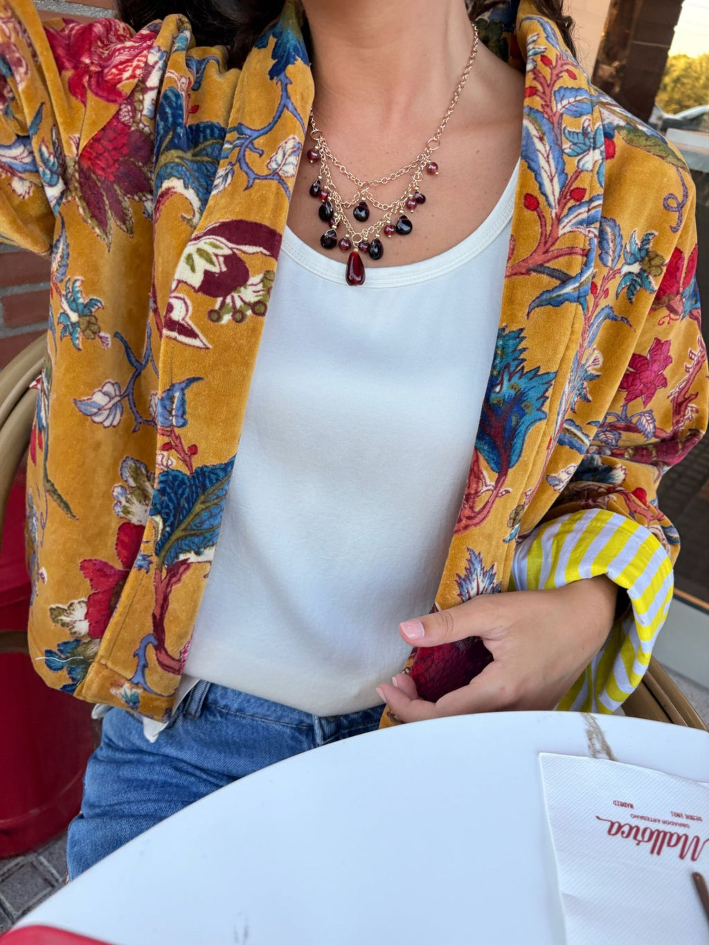 Chaqueta Corta Terciopelo Estampado Flores - Mostaza