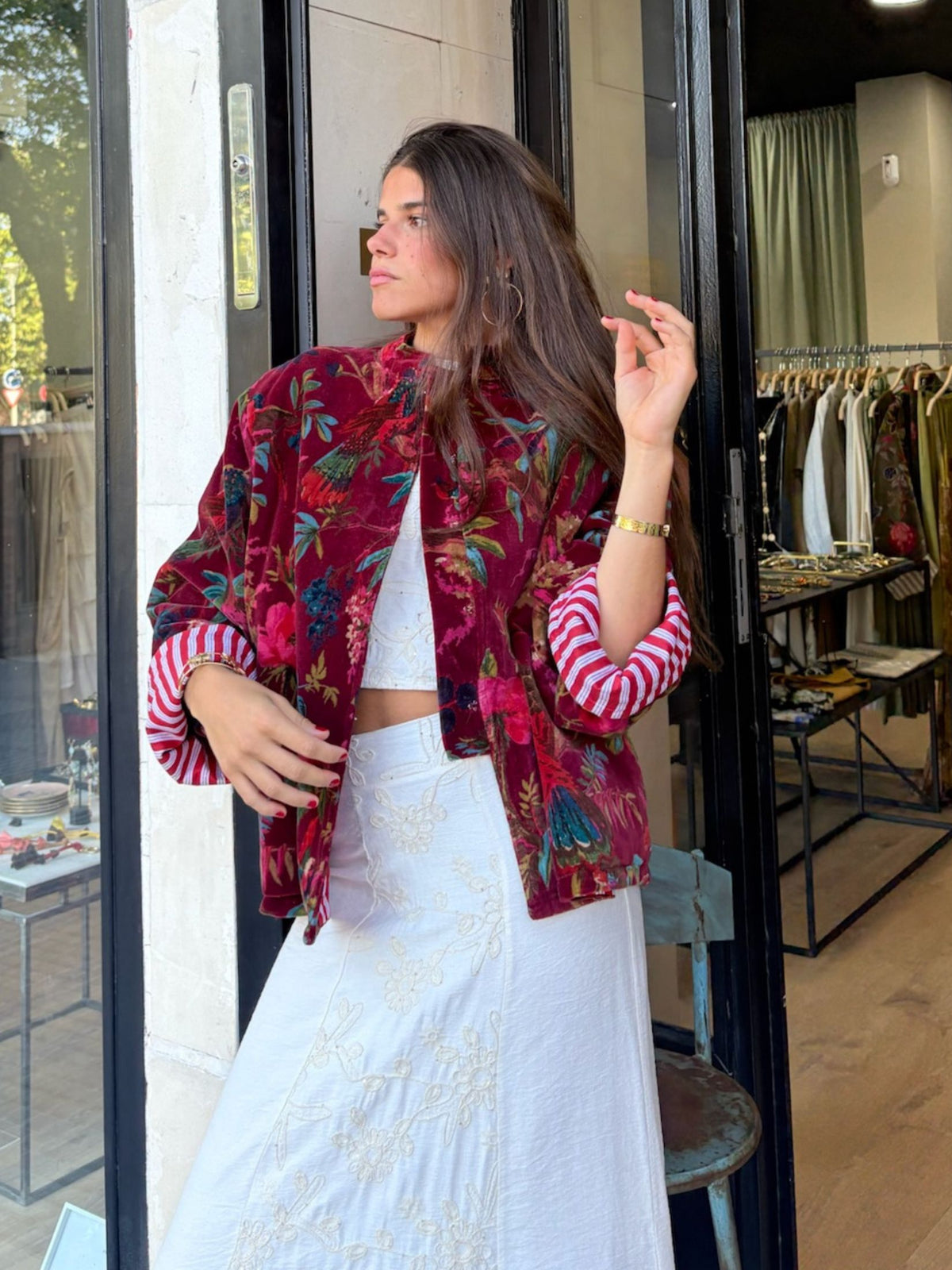 Chaqueta Cuello Mao Terciopelo Floral - Burdeos