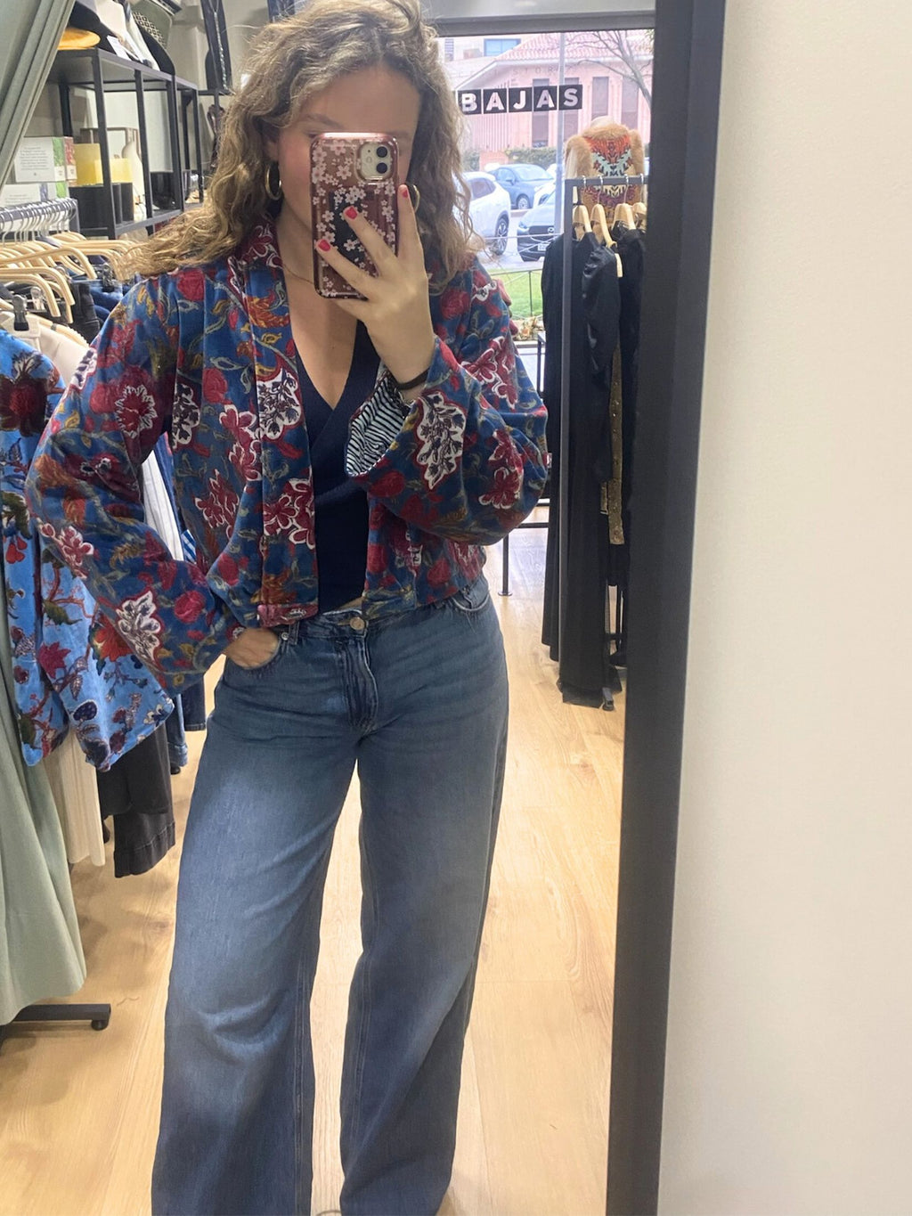 Chaqueta Corta Terciopelo Floral - Azul y Granate