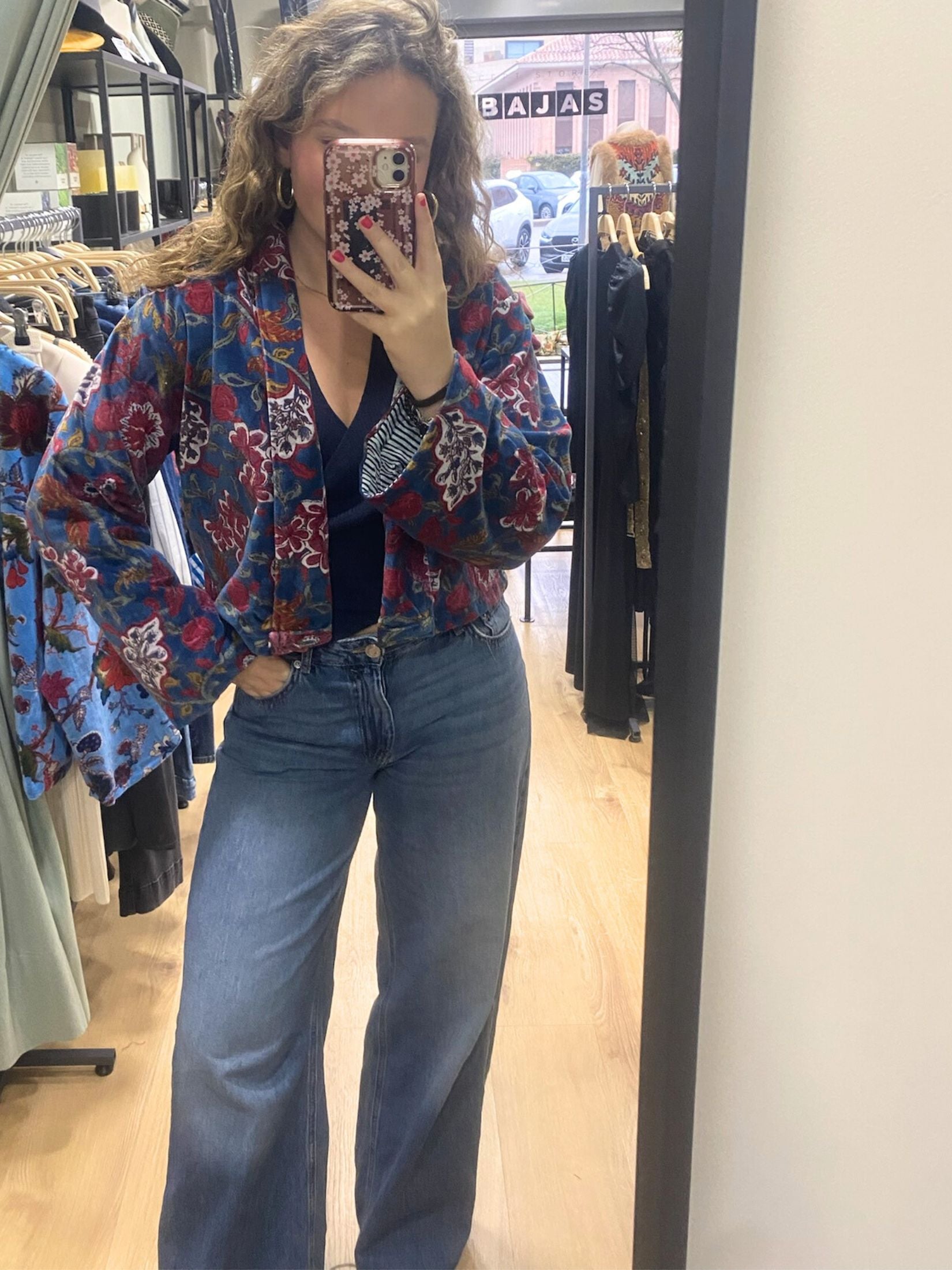 Chaqueta Corta Terciopelo Floral - Azul y Granate