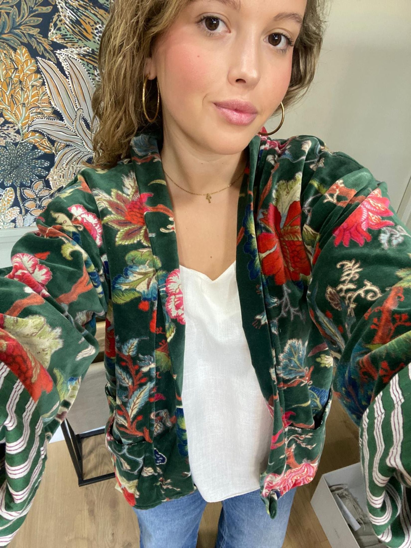 Chaqueta Corta Terciopelo Estampado Flores - Verde
