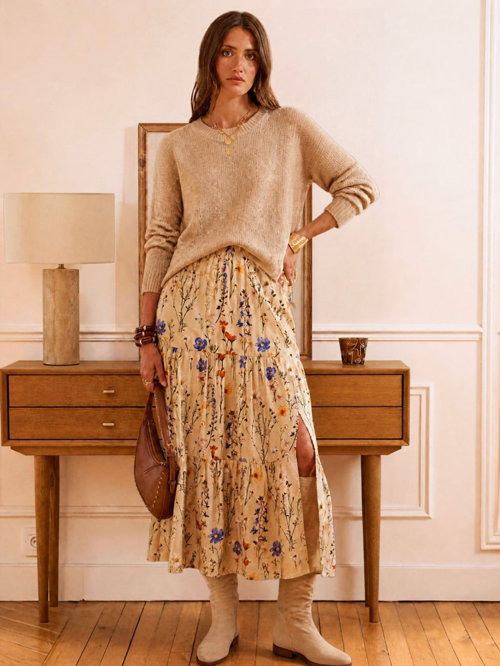 FALDA LARGA FLORAL - BEIGE