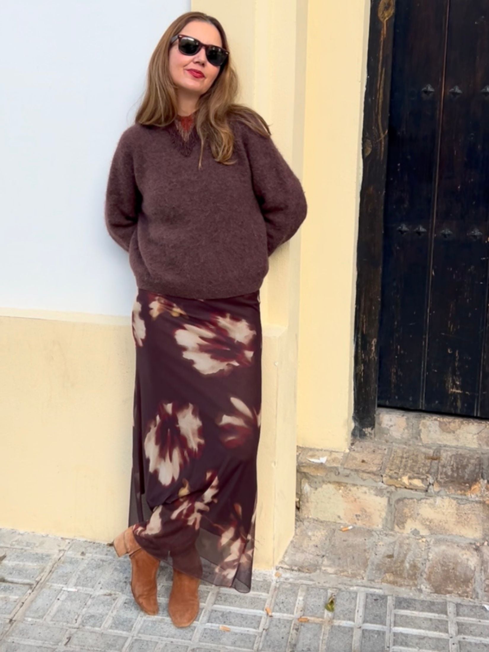 Falda Larga Floral - Marron