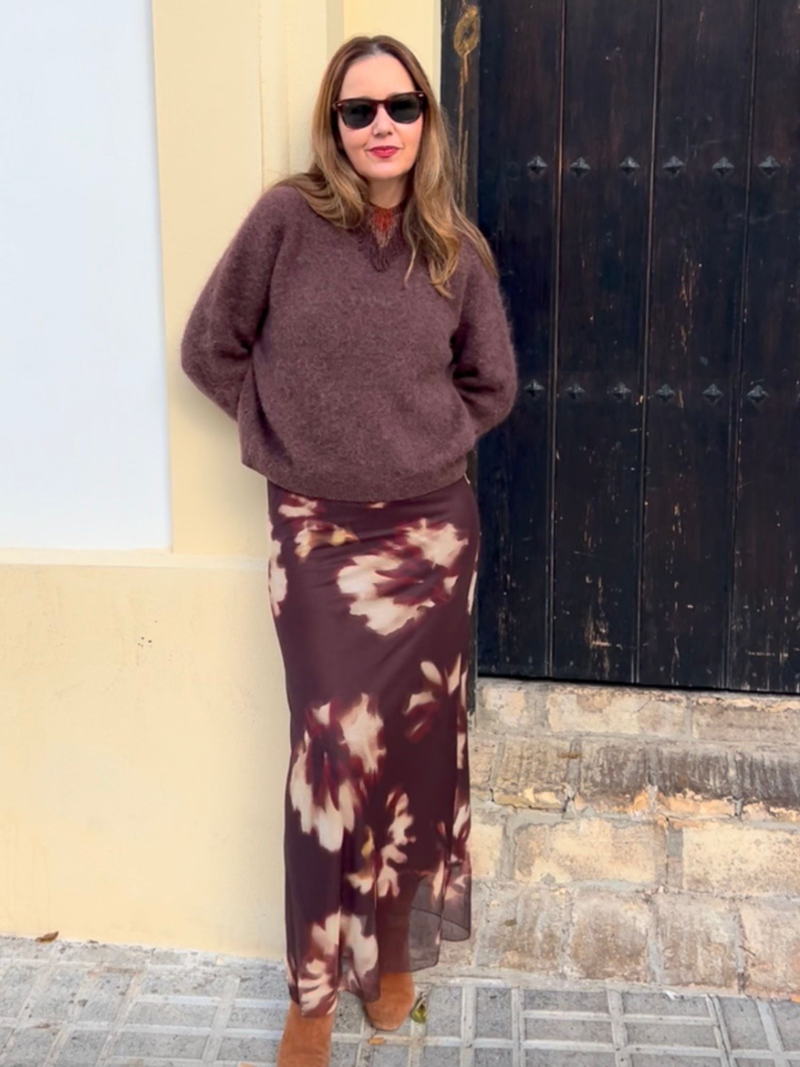 Falda Larga Floral - Marron