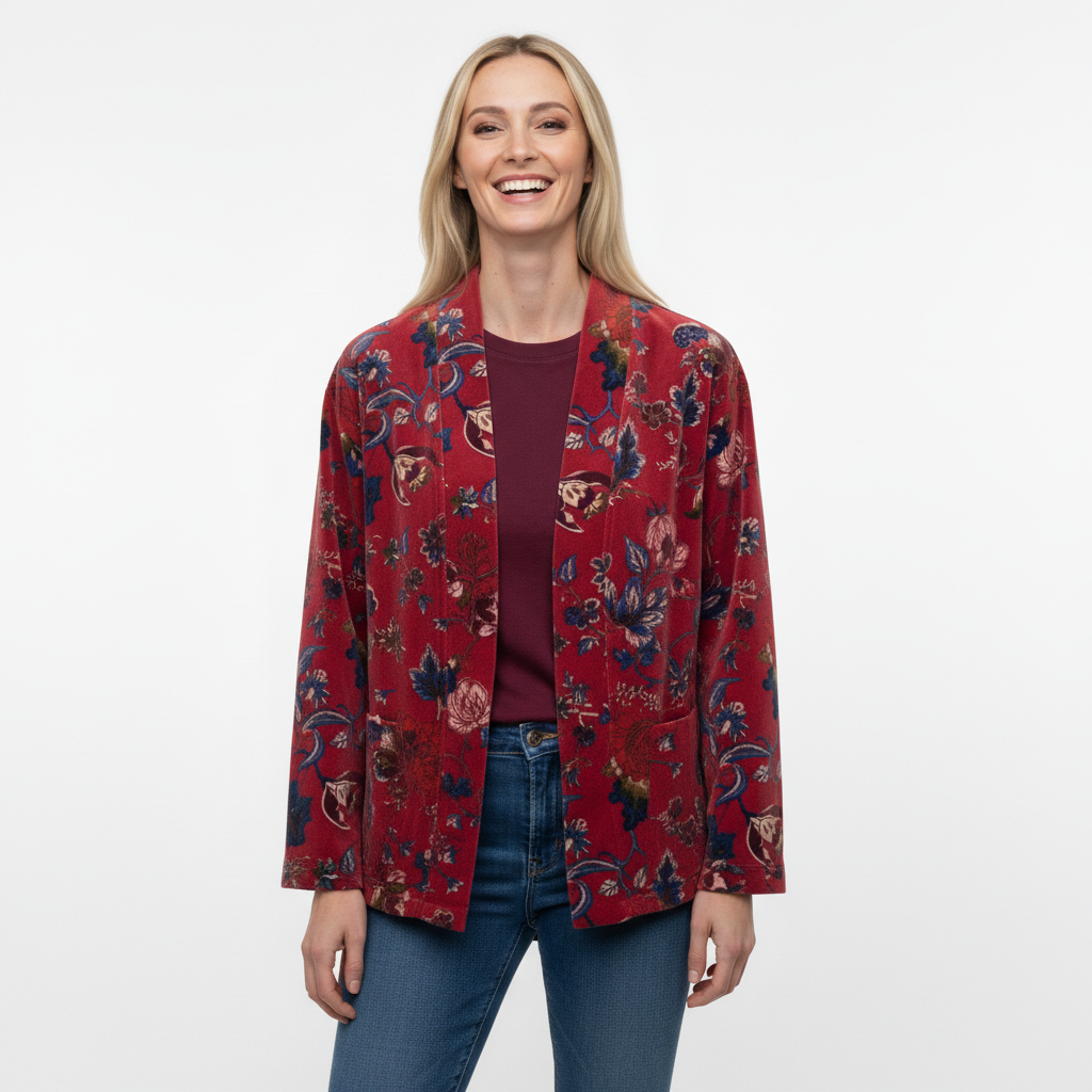 Chaqueta Kimono Terciopelo Estampado Flores - Rojo