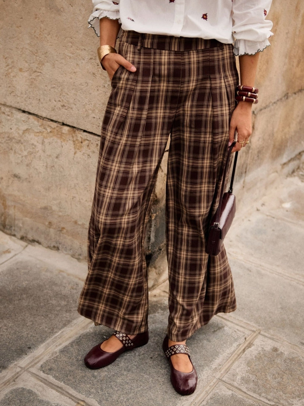 PANTALON ANCHO CUADRO INGLES - MARRON