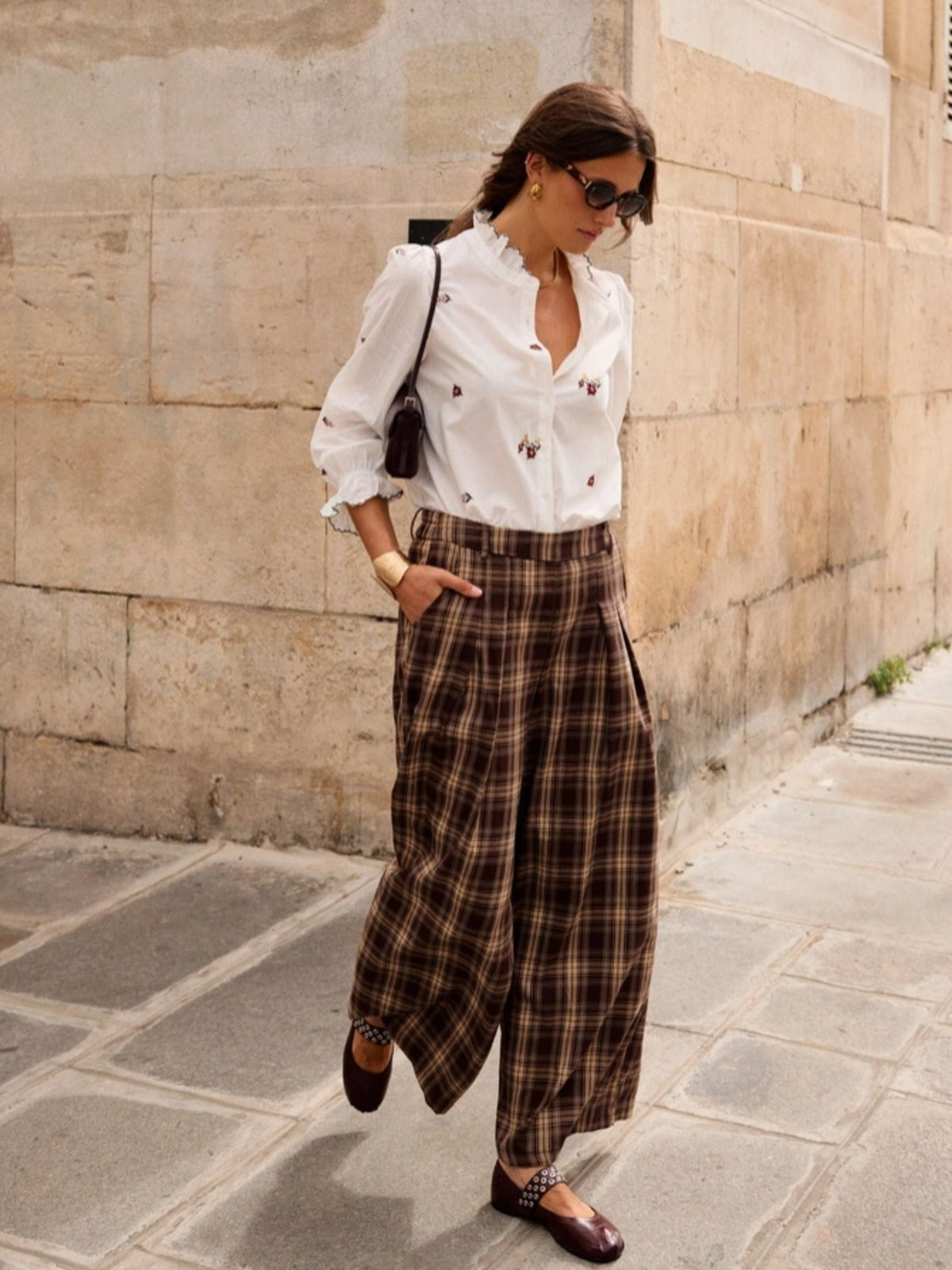 PANTALON ANCHO CUADRO INGLES - MARRON