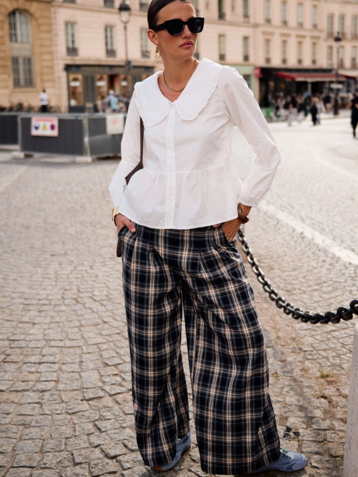 PANTALON ANCHO CUADRO INGLES - MARINO