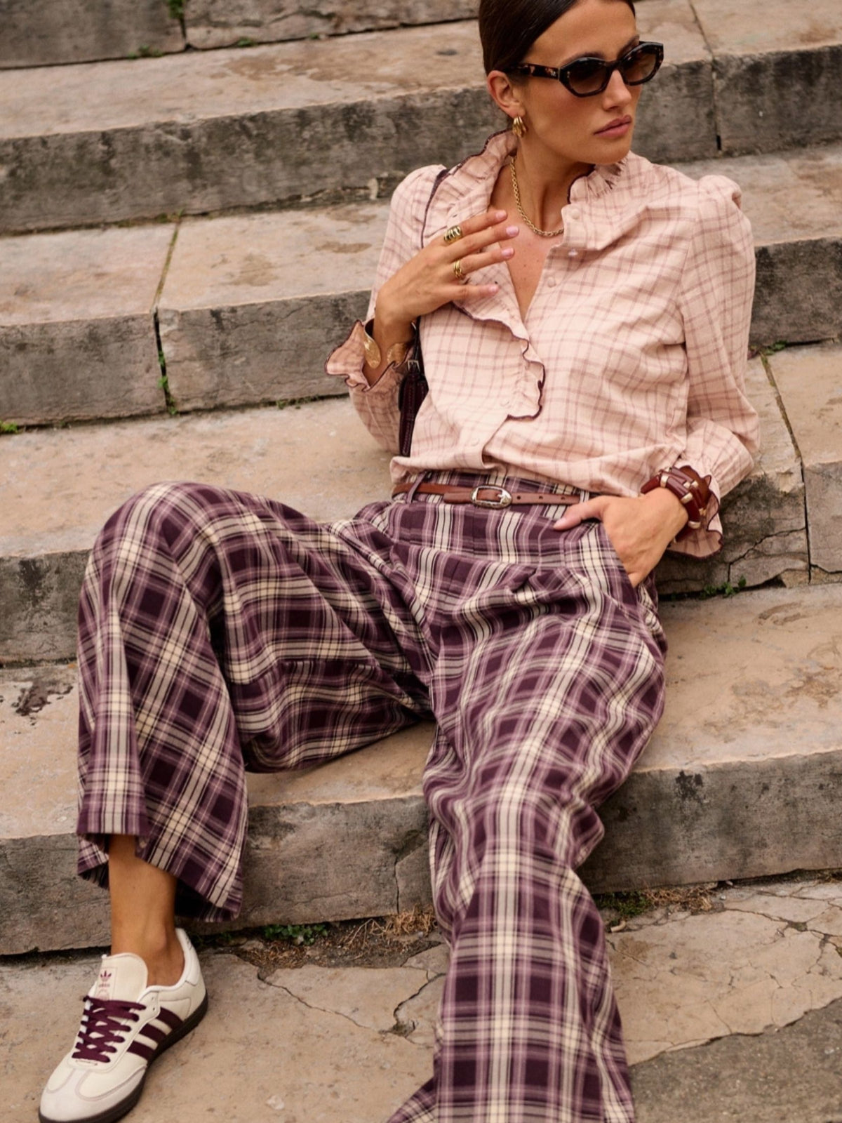 PANTALON ANCHO CUADRO INGLES - BURDEOS