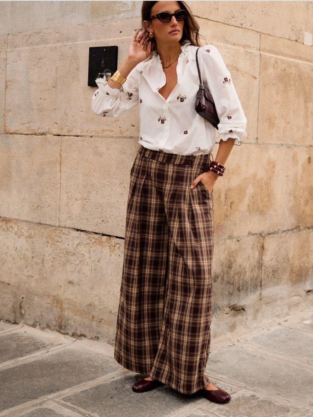 PANTALON ANCHO CUADRO INGLES - MARRON