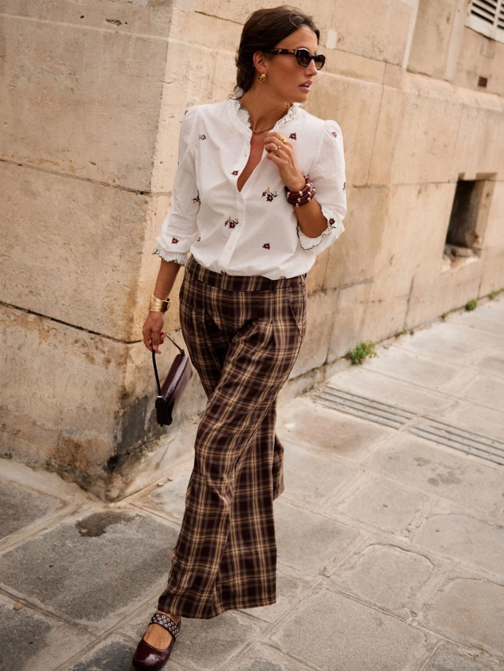 PANTALON ANCHO CUADRO INGLES - MARRON
