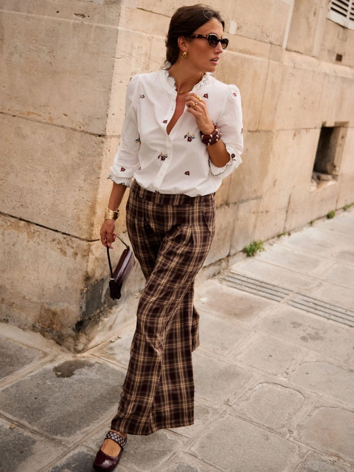 PANTALON ANCHO CUADRO INGLES - MARRON