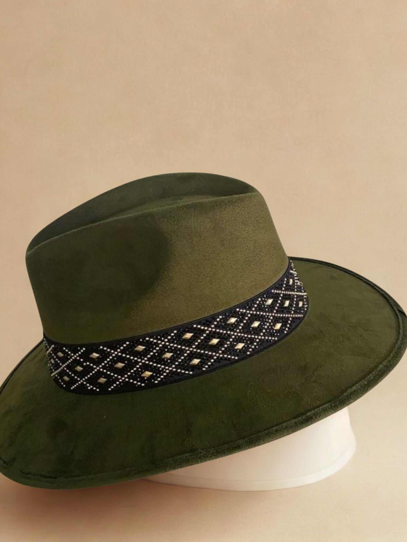 Sombrero Piel Ante Verde Kaki Cinta Ancha