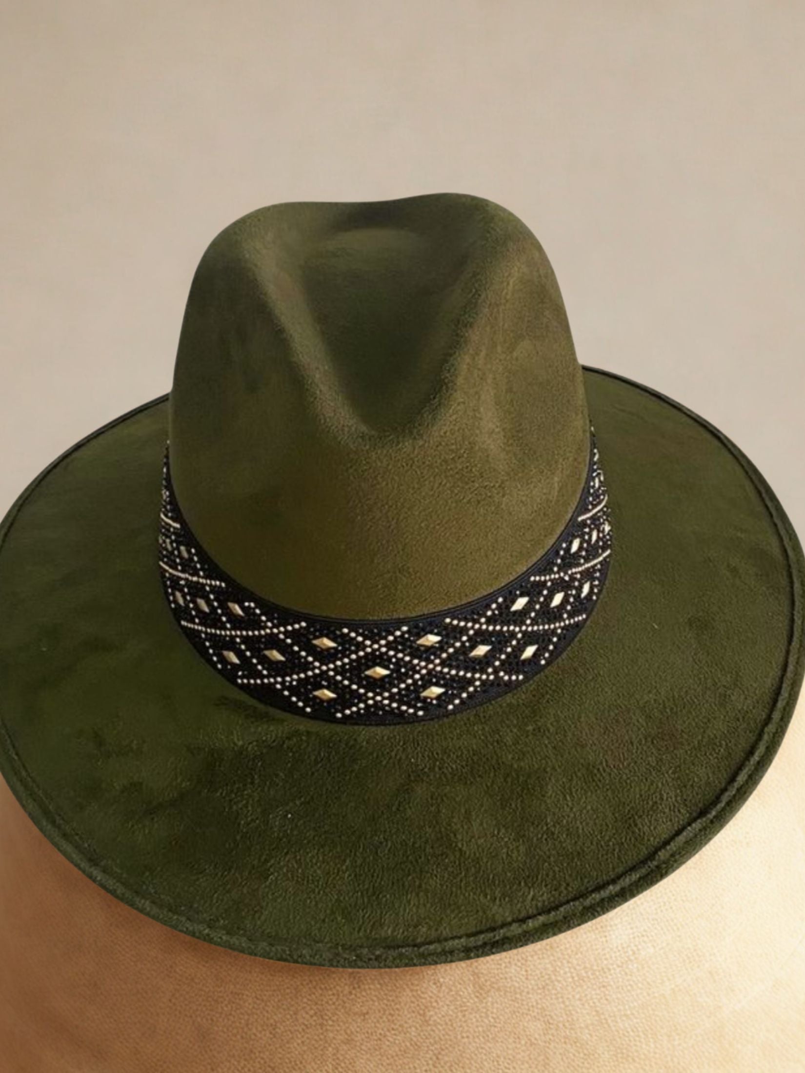 Sombrero Piel Ante Verde Kaki Cinta Ancha
