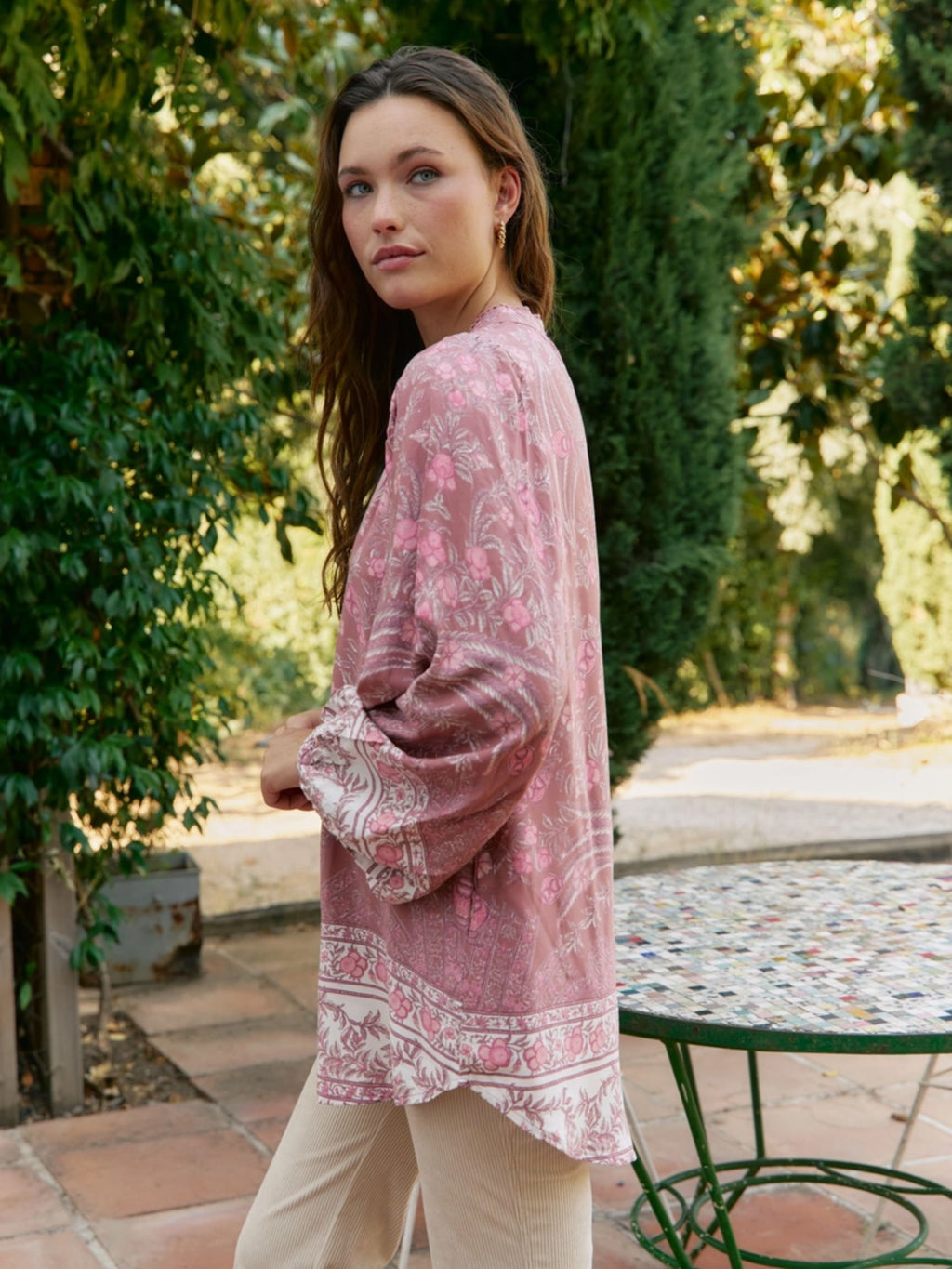 Tunica Boho Estampada Floral - Rosa Empolvado