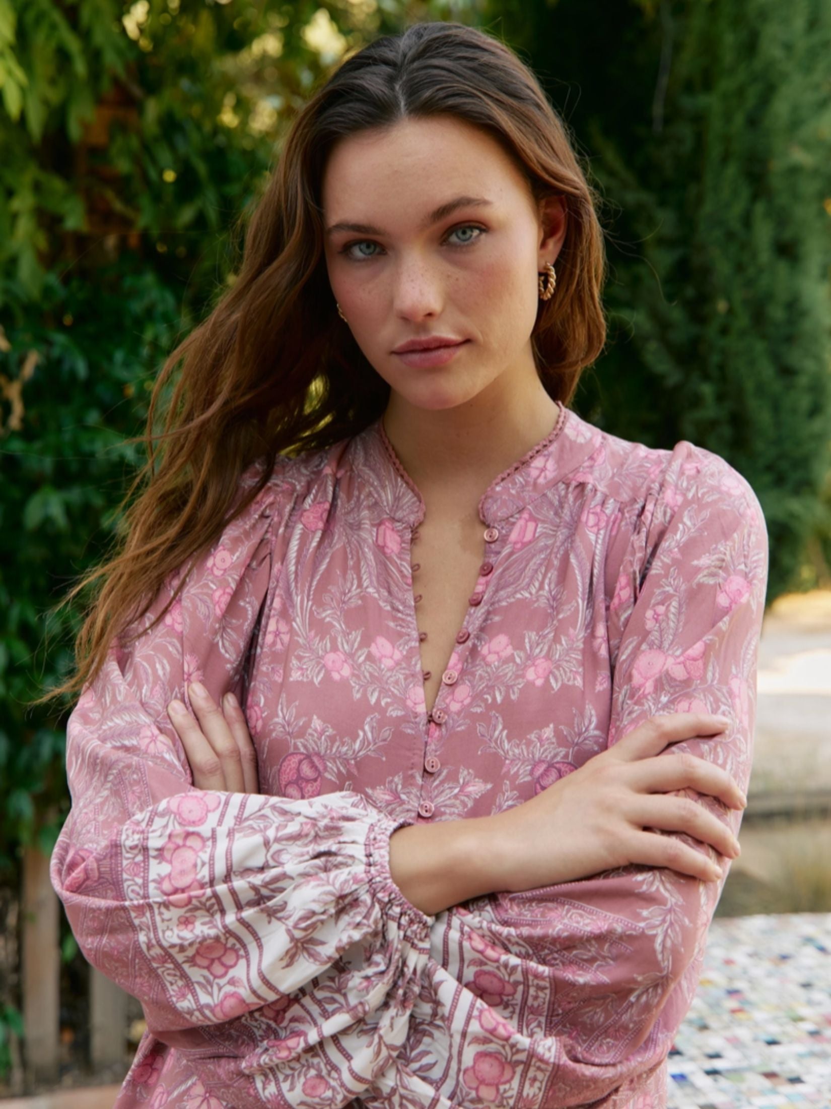 Tunica Boho Estampada Floral - Rosa Empolvado