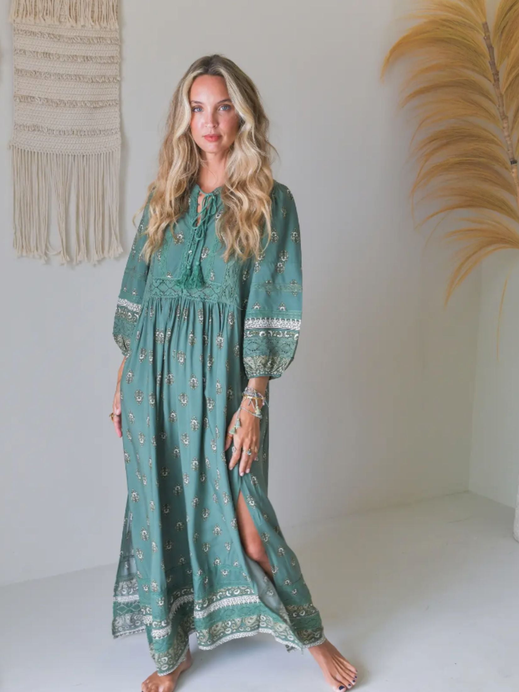 Vestido Largo Boho Estampada Floral - Verde