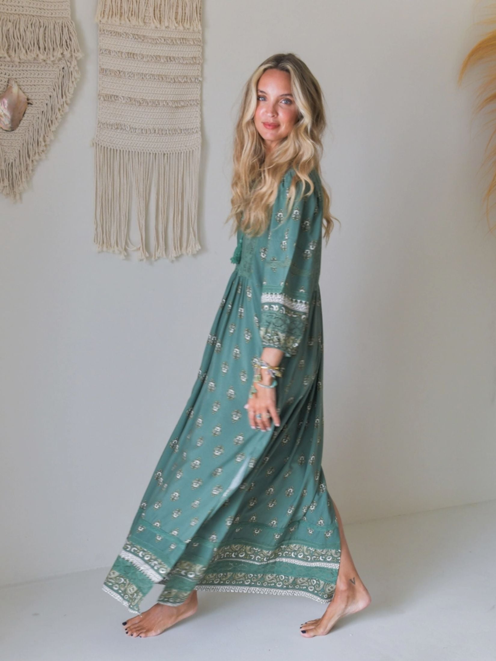 Vestido Largo Boho Estampada Floral - Verde
