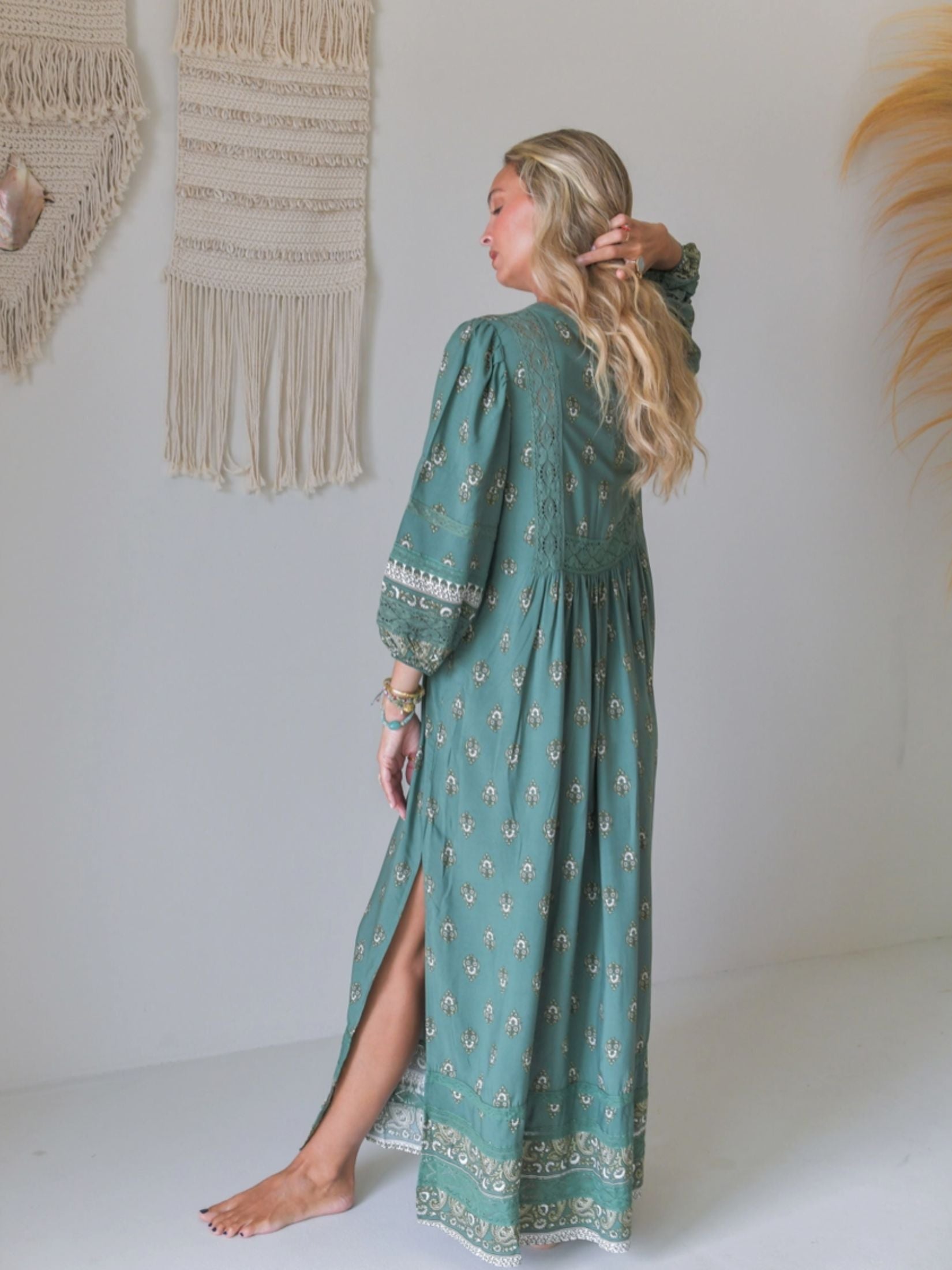 Vestido Largo Boho Estampada Floral - Verde