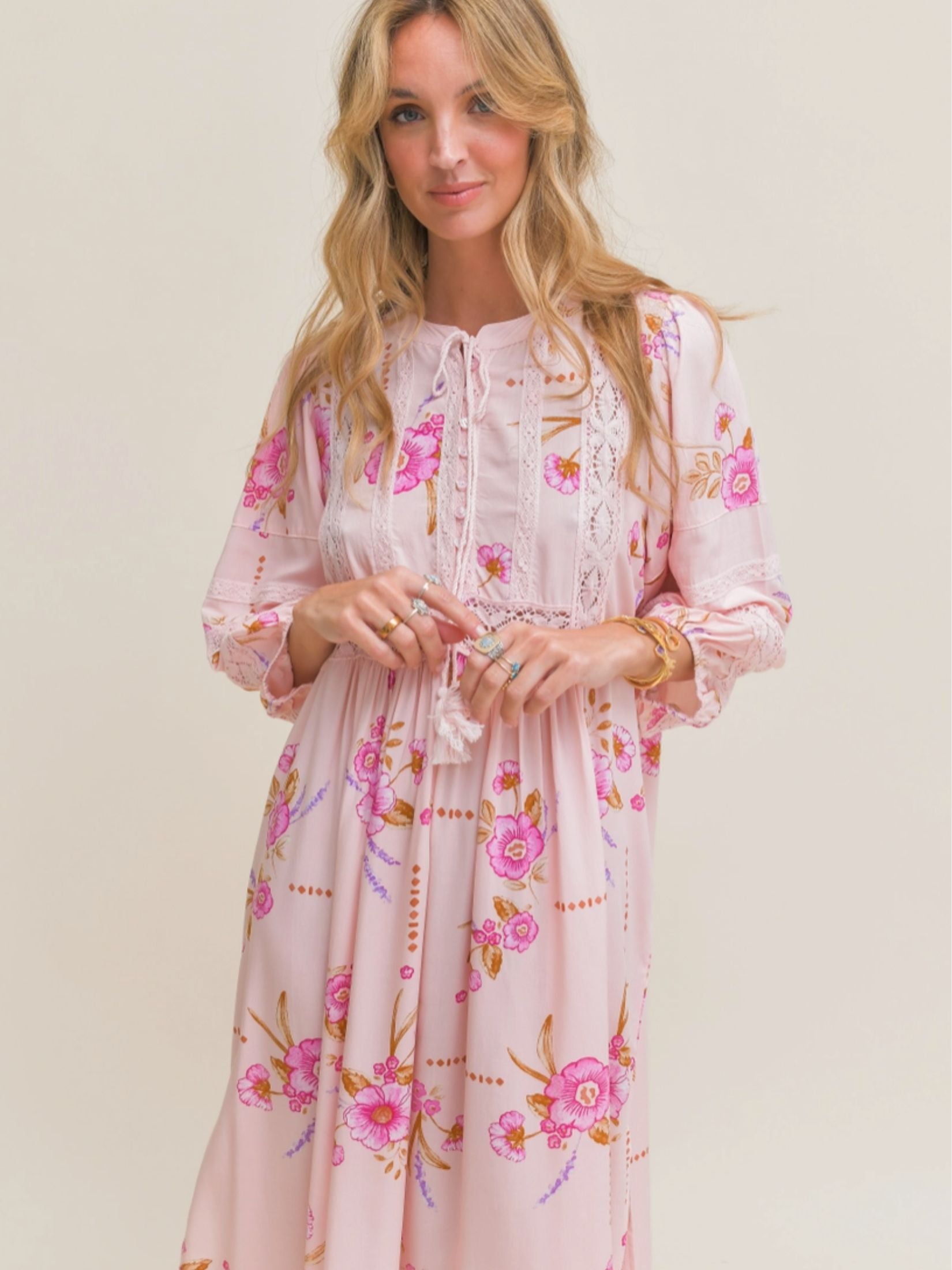 Vestido Largo Boho Estampada Floral - Rosa