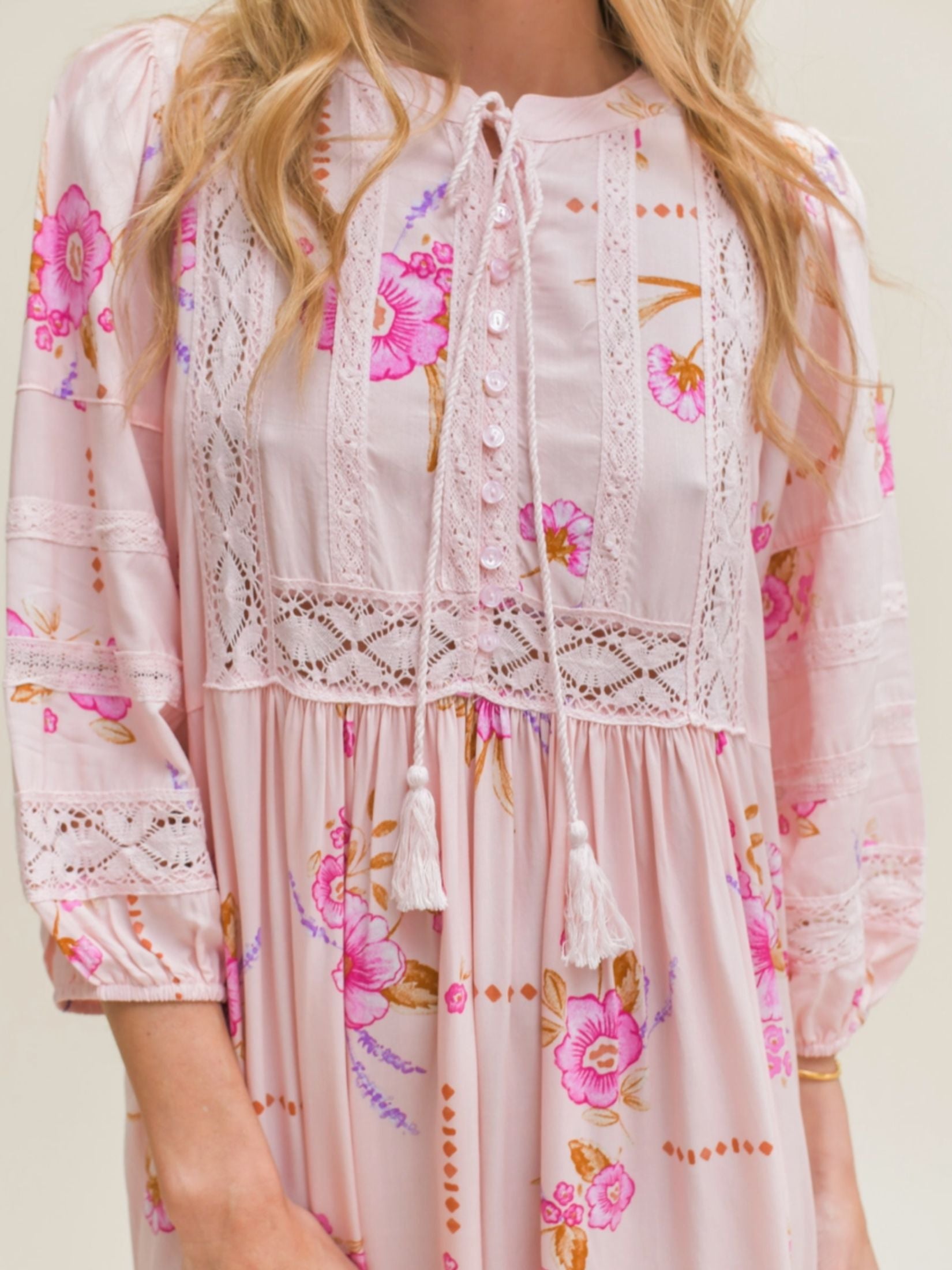 Vestido Largo Boho Estampada Floral - Rosa