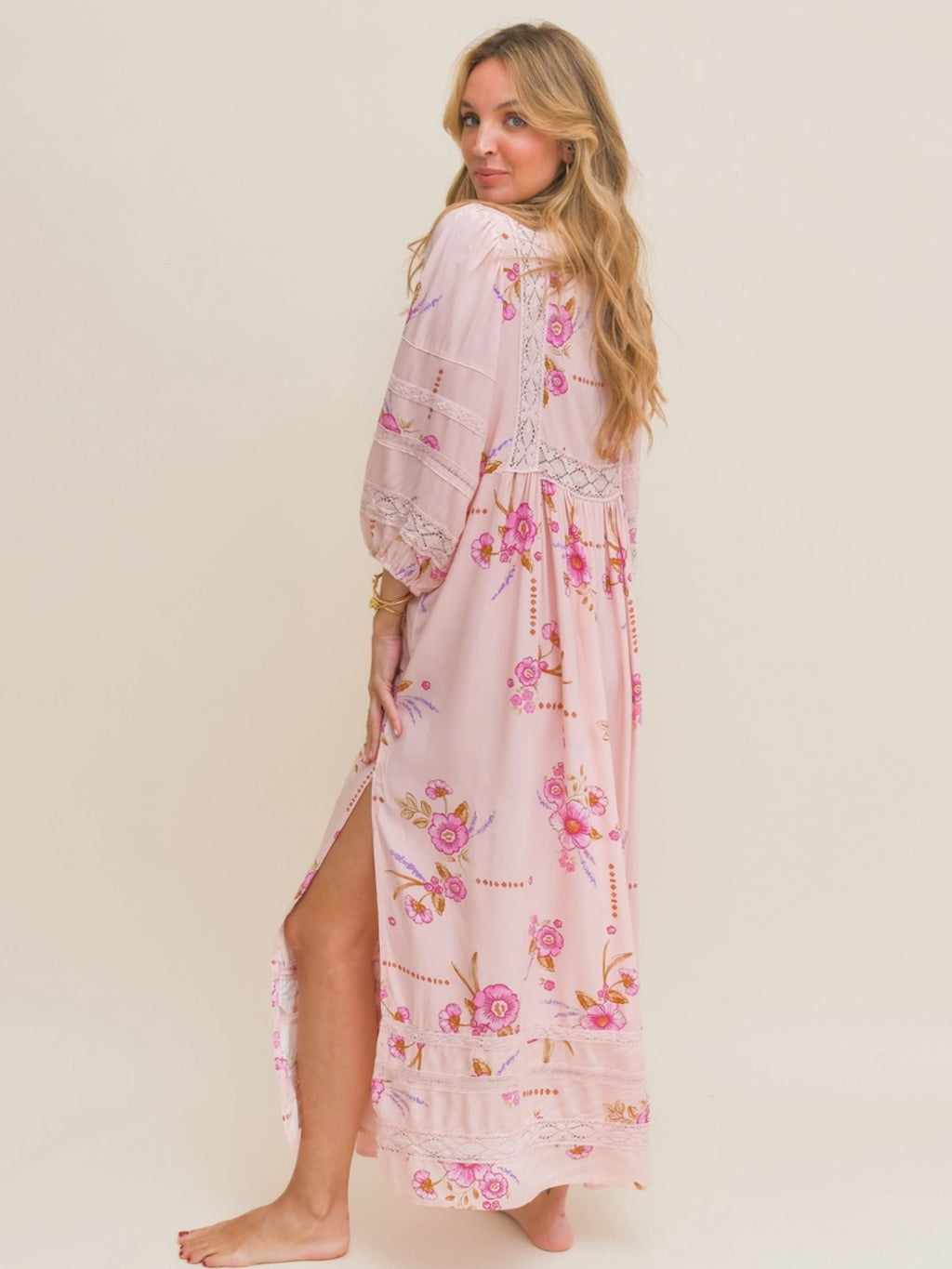 Vestido Largo Boho Estampada Floral - Rosa