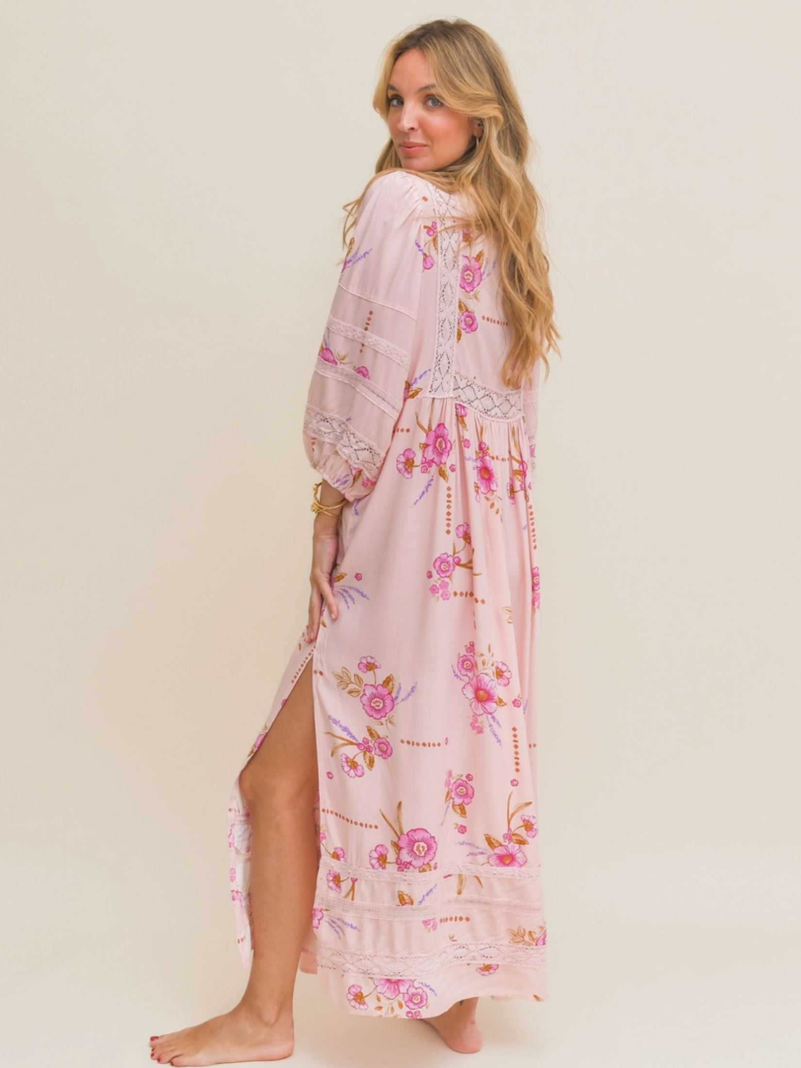 Vestido Largo Boho Estampada Floral - Rosa