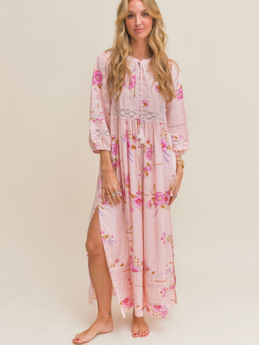 Vestido Largo Boho Estampada Floral - Rosa