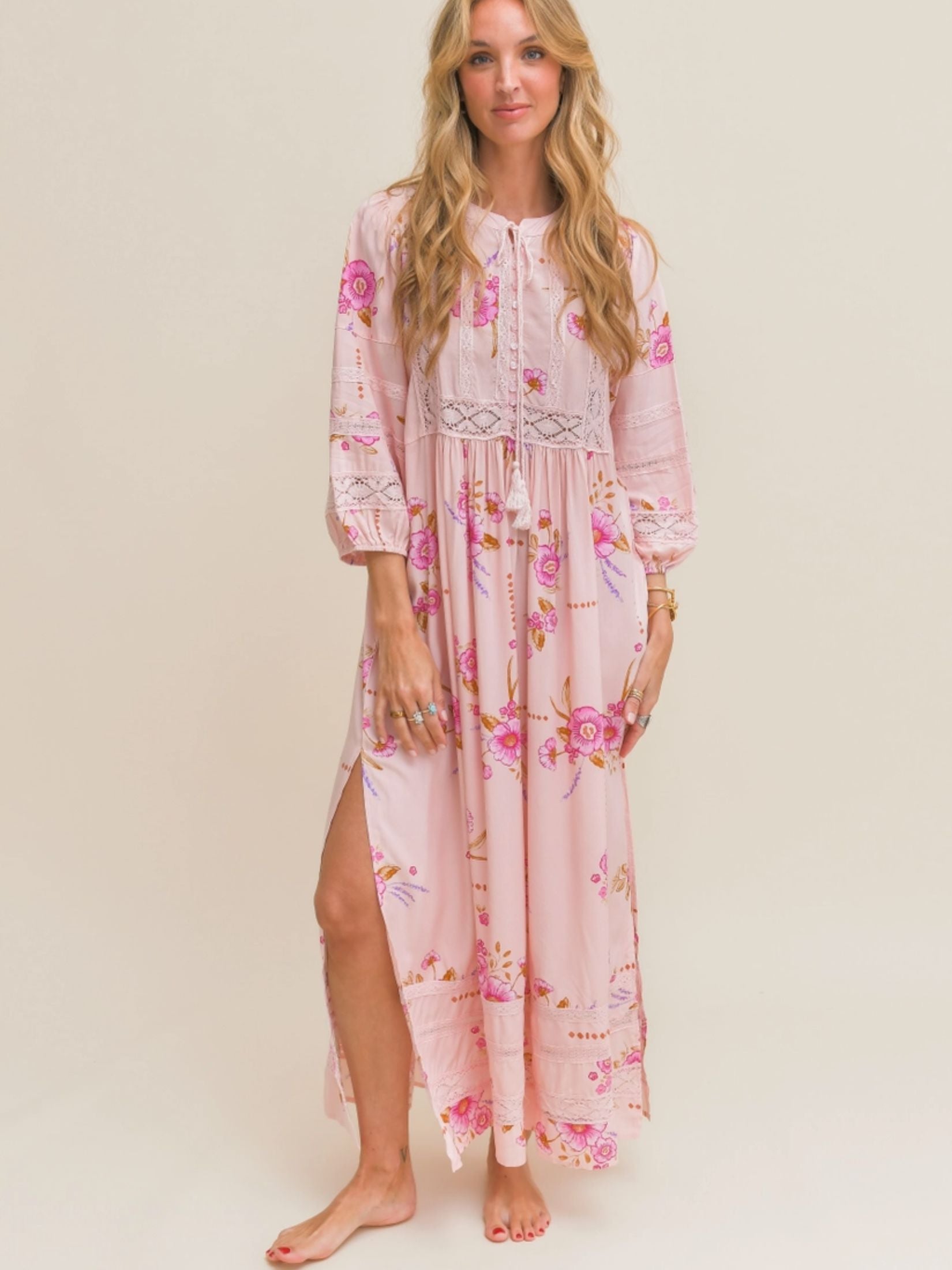 Vestido Largo Boho Estampada Floral - Rosa
