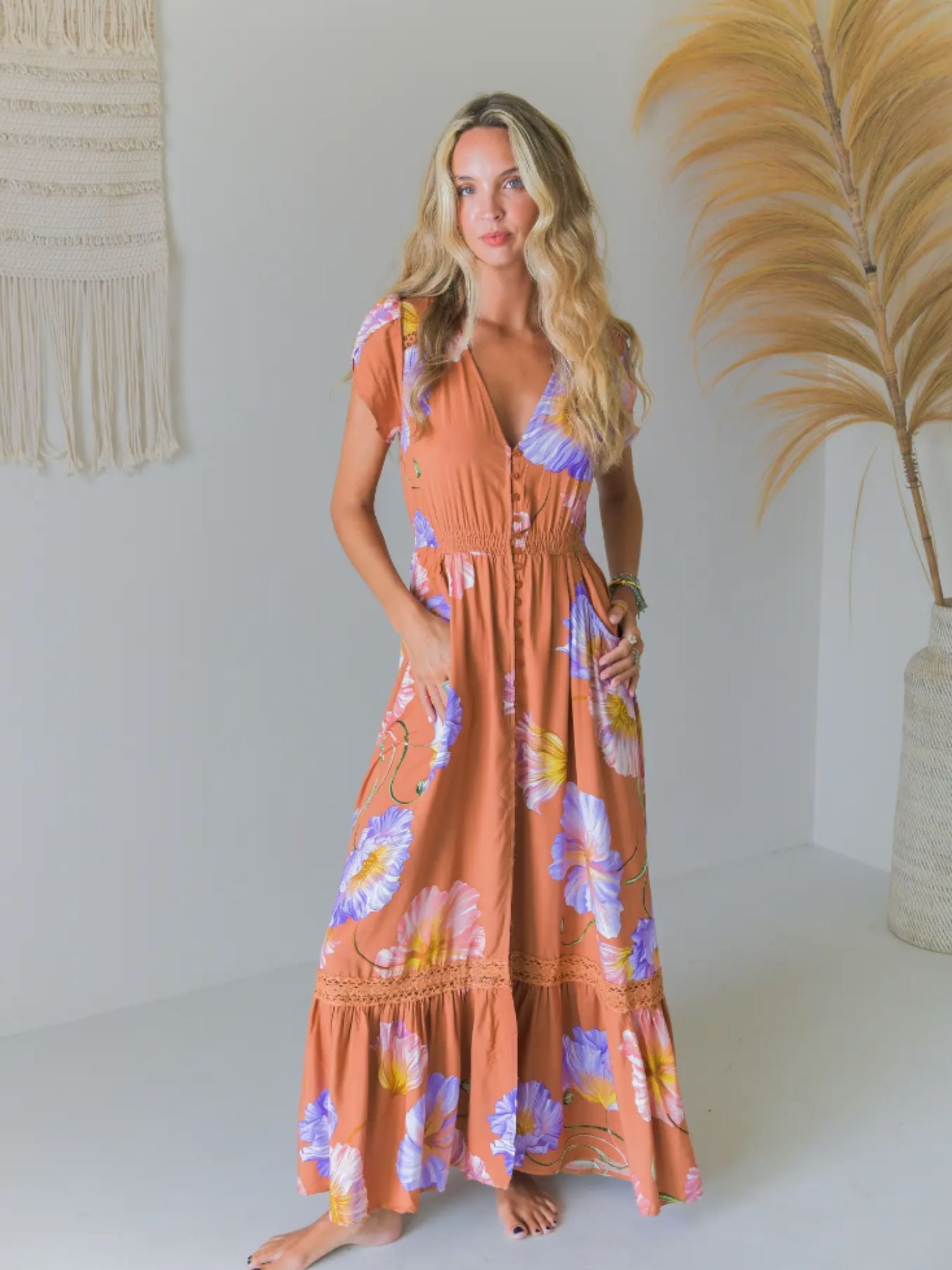 Vestido Largo Boho Estampada Floral - Arcilla flor lila