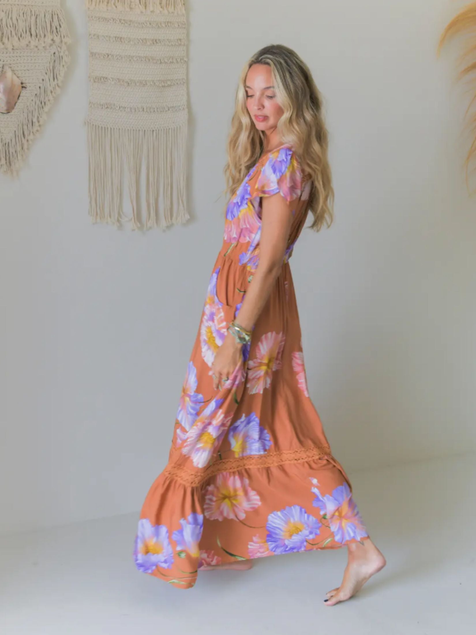 Vestido Largo Boho Estampada Floral - Arcilla flor lila
