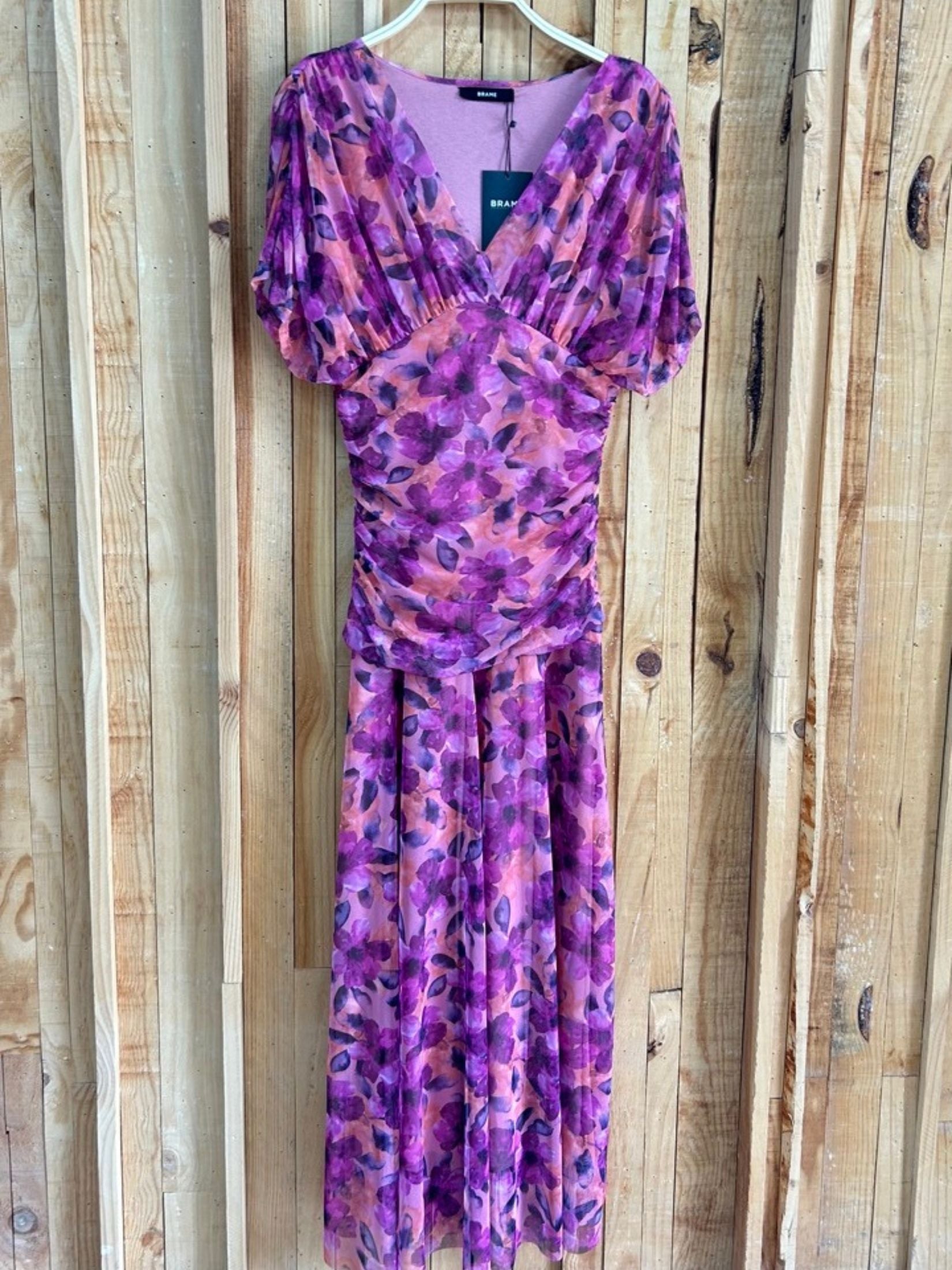 Vestido Largo Tul Drapeado - Floral Fucsia
