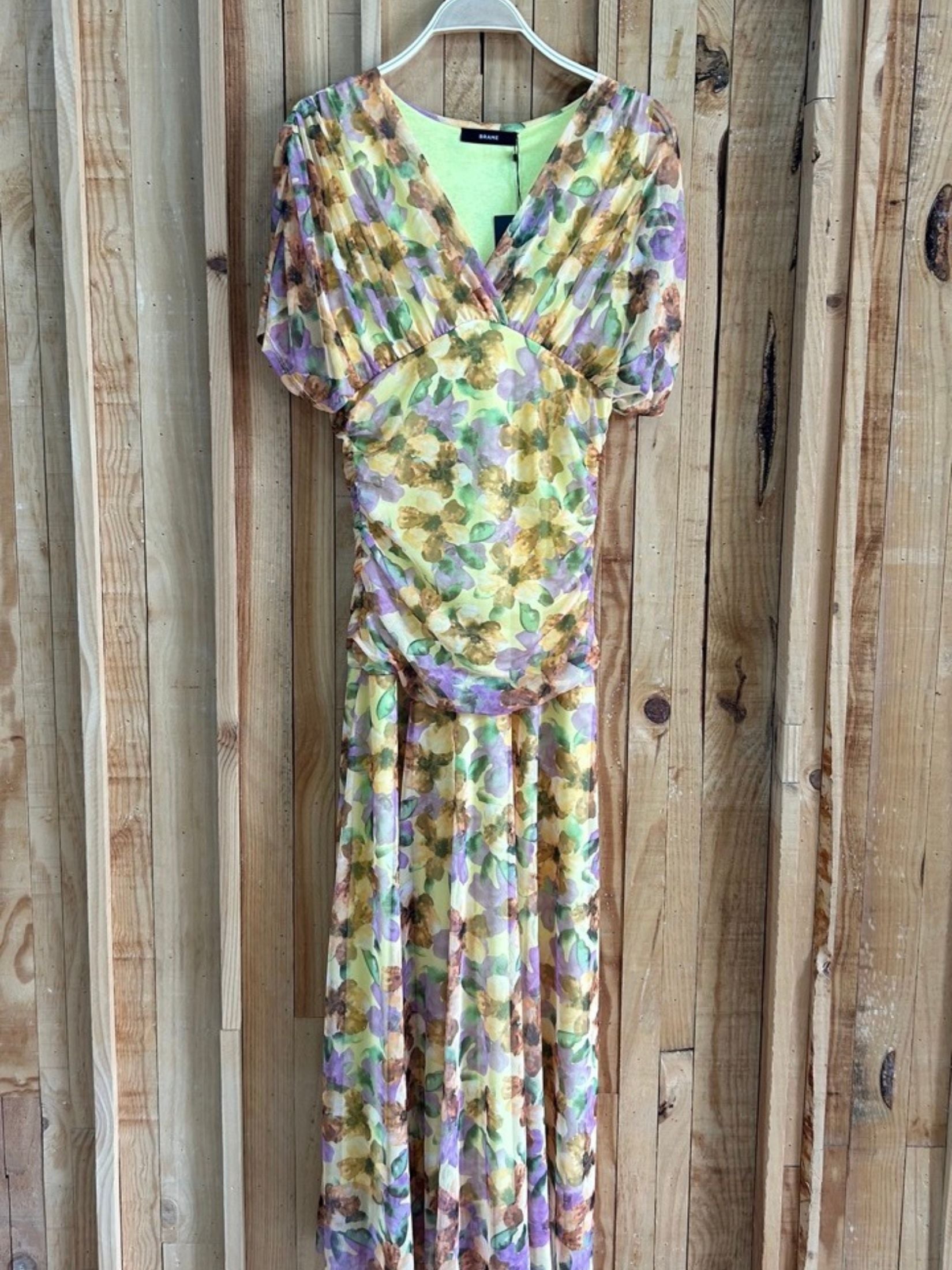 Vestido Largo Tul Drapeado - Floral Amarillo