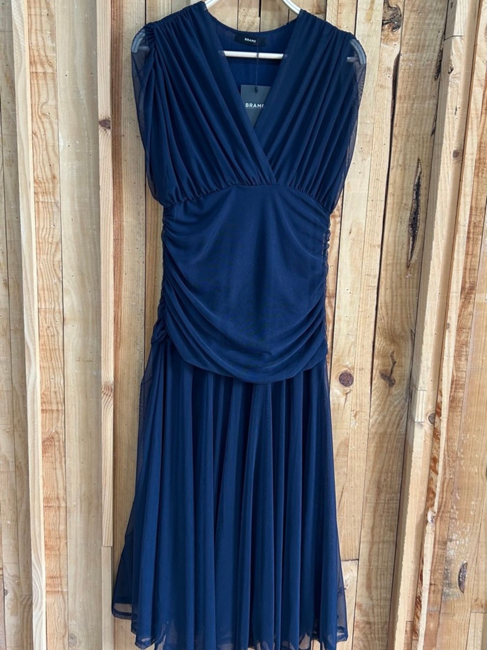 Vestido Largo Tul Drapeado - Azul Marino