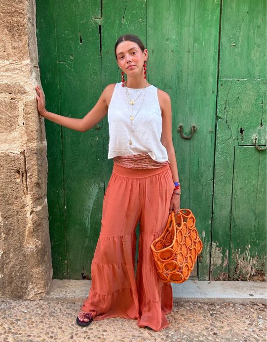 Pantalón Seda Fluido Campana Light Orange