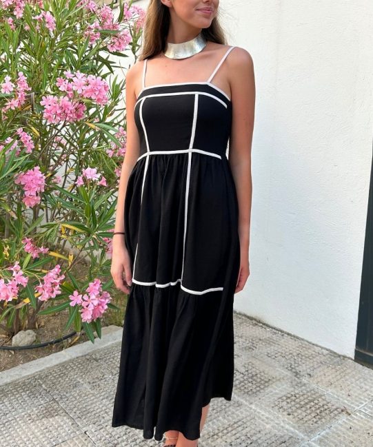 Vestido Largo Lino Negro Tirantes Cortes Blancos - Imagen 2