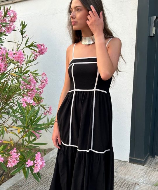 Vestido Largo Lino Negro Tirantes Cortes Blancos
